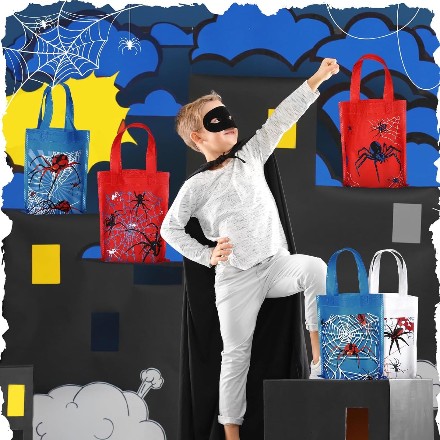 36 Pack Spider Party Favor Gift Bags Non Woven Reusable Goody Treat Bags with Handles Spider Web Themed Birthday Party Supplies, 6 Styles