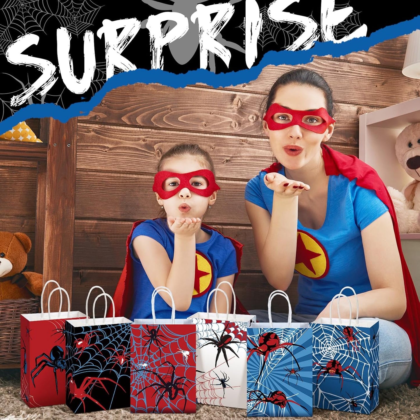 24 Pcs Spider Party Favors Bags with Handles Spider Birthday Party Decorations Double Sided Goodie Candy Bags (Class Spider)
