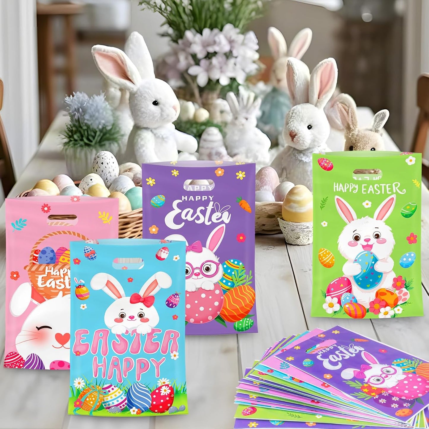 50 Pcs Easter Gift Bags with Handles, Plastic Happy Bunny Goodie Bags Bulk, Cute Spring Treat Tote Goody Cookie Party Favor Bag for Easter Activity Party Favors Supplies Gifts, 4 Styles