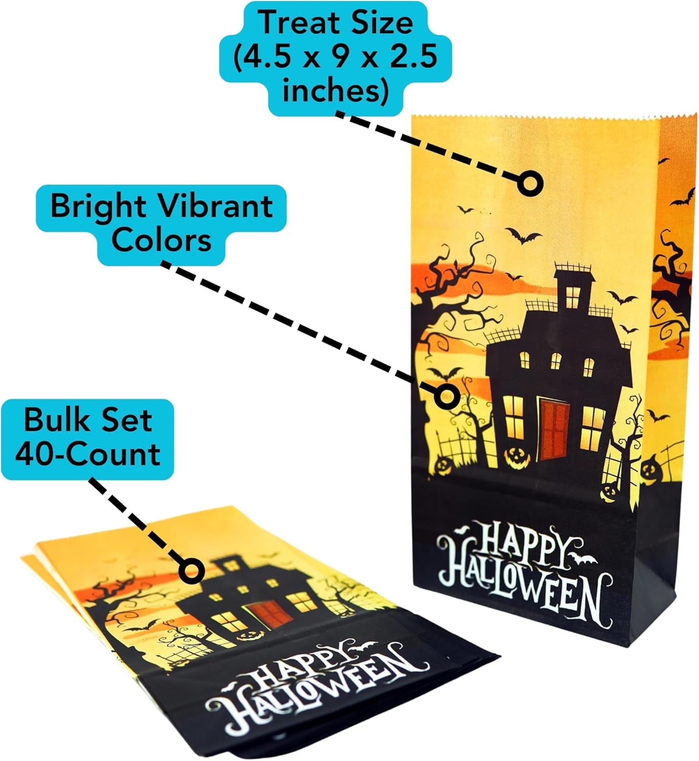 Halloween Treat Paper Bags, 40-Pack 2 Designs Trick or Treat Party Favor Goodie Snack Sacks Candy, Popcorn, Gifts, Cookies