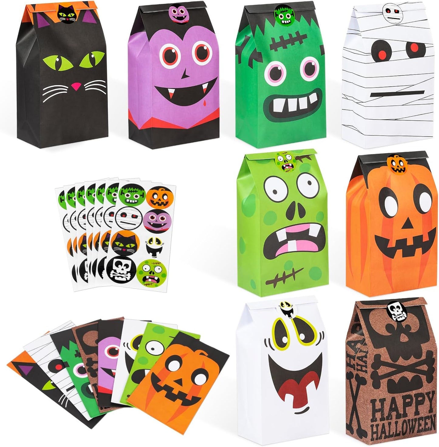 40 PCS Cute Halloween Goodie Bags, 8 Style Halloween Treats Bags Party Favor, Trick or Treat, Gifts, Candies, Snacks, Party Supplies, 40 Stickers Included
