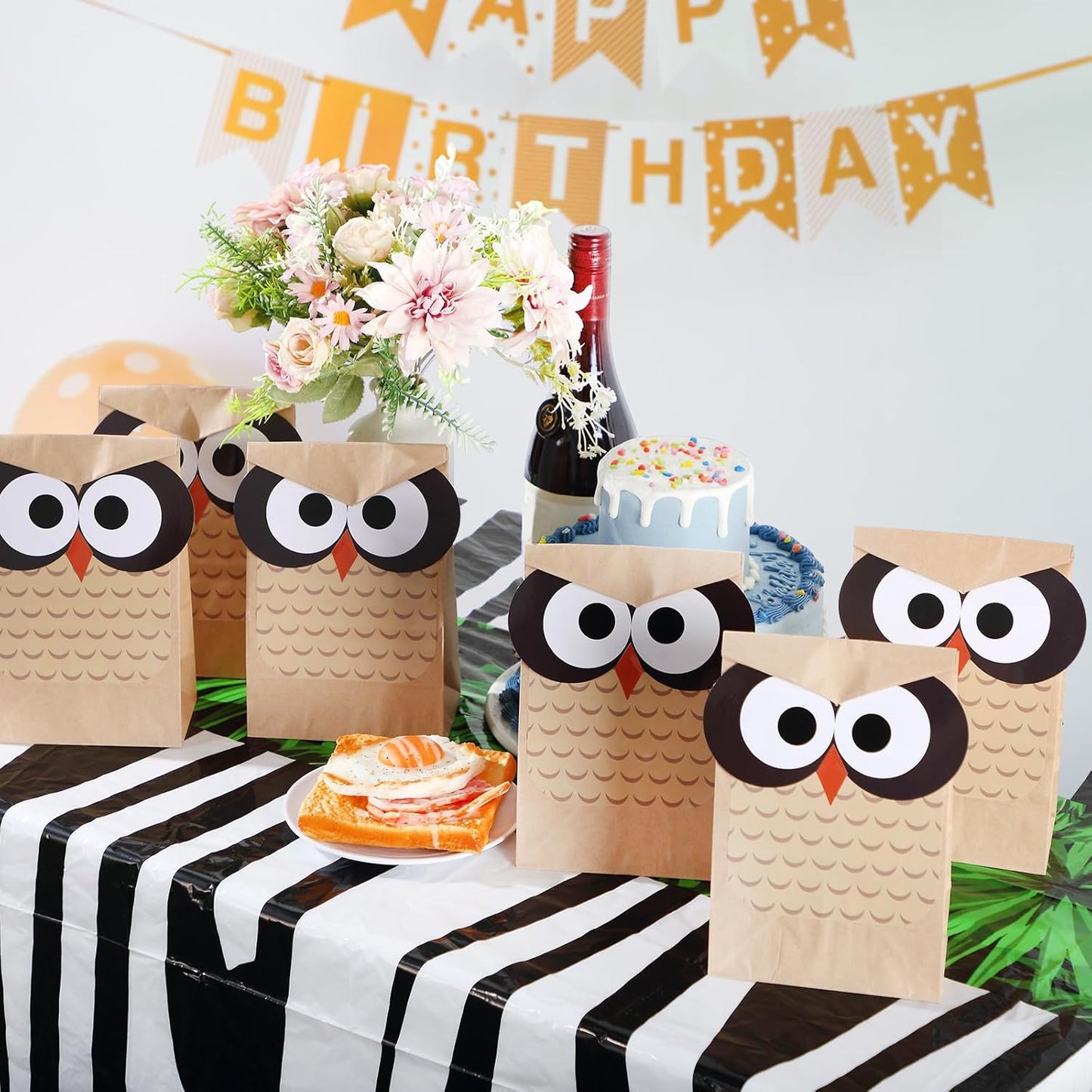 24 Sets Back to School Owl Party Gift Bags Kraft Paper Treat Goodie Bags with DIY Owl Cutouts Sticker Toppers for Classroom Birthday Party Decoration Supplies(Brown)