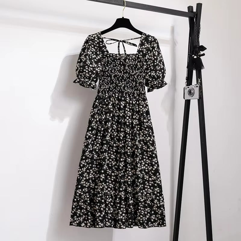 Spring Summer Chiffon Dresses Fashion Female Elastic Waist Short Sleeve Pleated Casual Dress Women A-Line Dresses Vestidos