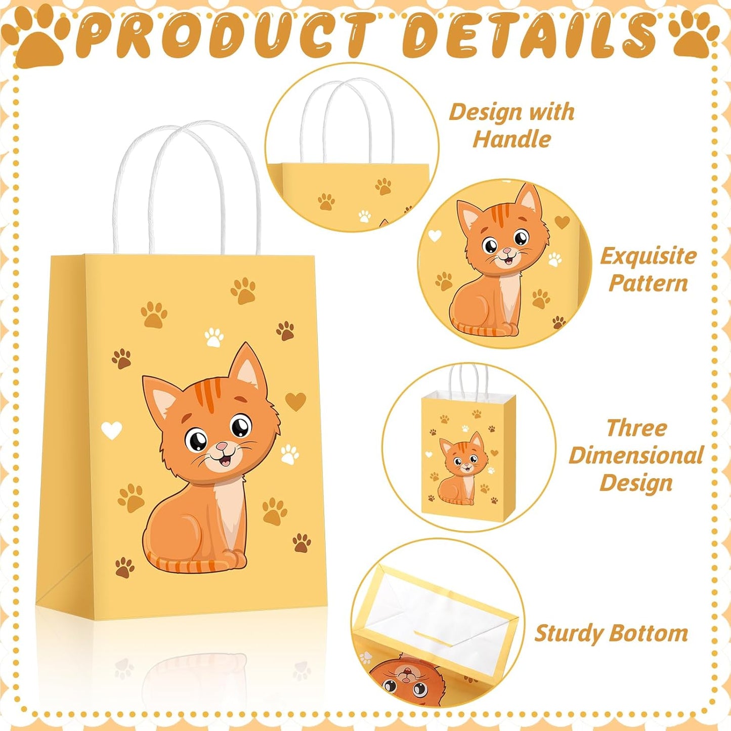 24 Pcs Cat Goodie Bags Cat Party Favors Cute Kitty Gifts Candy Treat Paper Bags with Handles for Kids Birthday Kitten Party Decoration Supplies for Pet Adoption