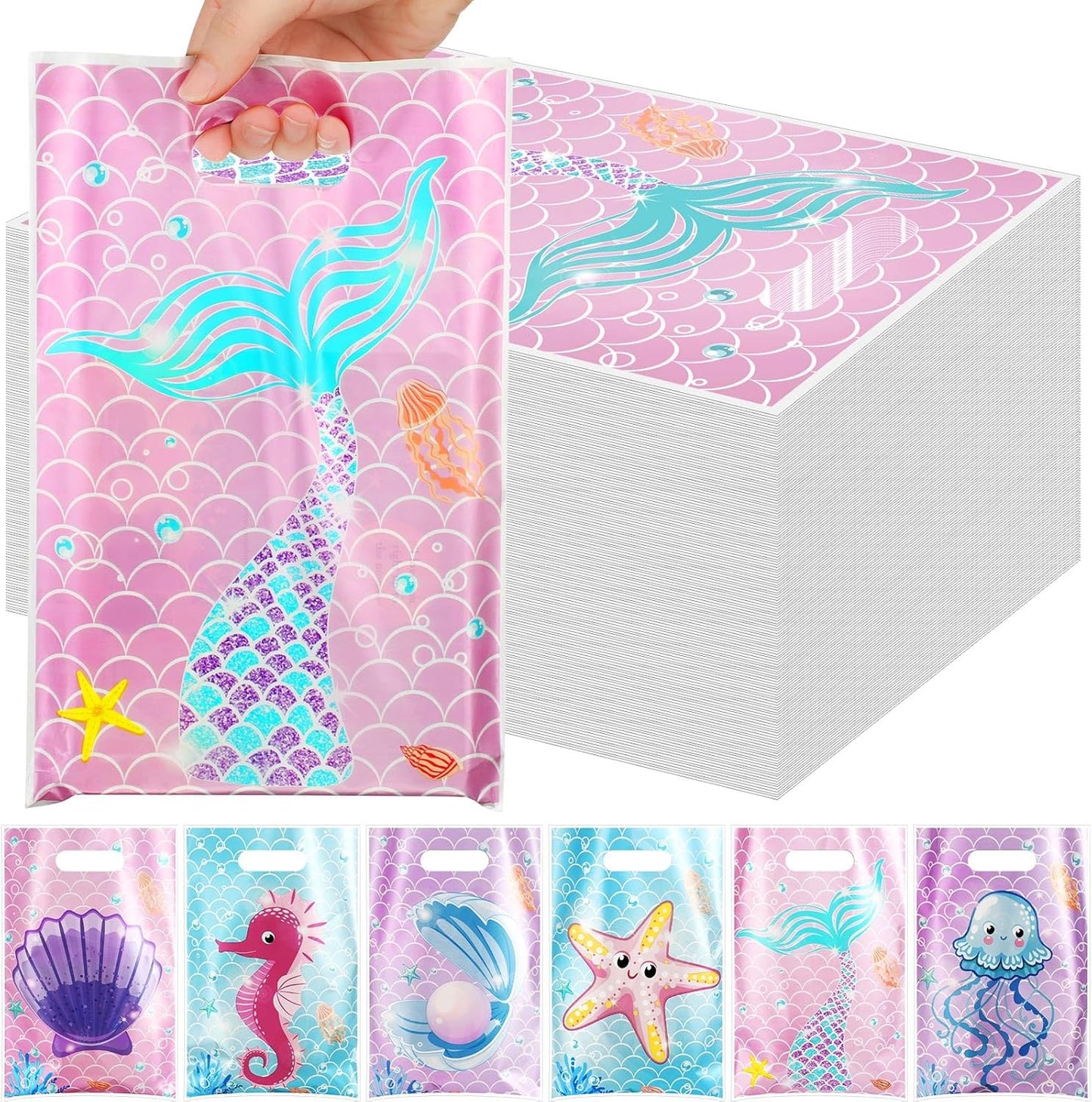 120 Pcs Mermaid Birthday Goodie Bags Mermaid Party Favor under the Sea Plastic Gift Bags Bulk Ocean Shell Starfish Marine Animals Treat Candy Sack for Summer Party Supplies