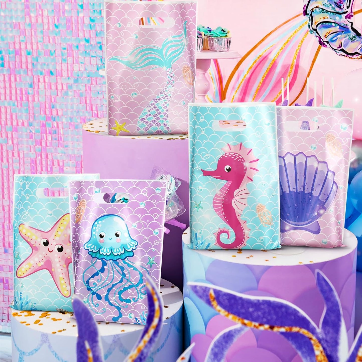 120 Pcs Mermaid Birthday Goodie Bags Mermaid Party Favor under the Sea Plastic Gift Bags Bulk Ocean Shell Starfish Marine Animals Treat Candy Sack for Summer Party Supplies