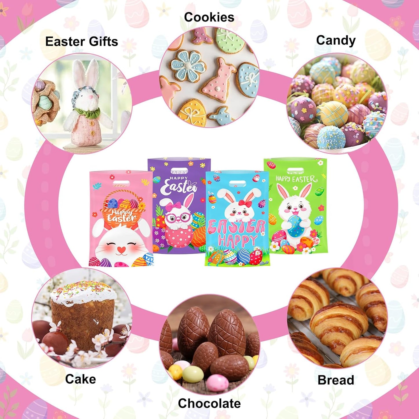 50 Pcs Easter Gift Bags with Handles, Plastic Happy Bunny Goodie Bags Bulk, Cute Spring Treat Tote Goody Cookie Party Favor Bag for Easter Activity Party Favors Supplies Gifts, 4 Styles