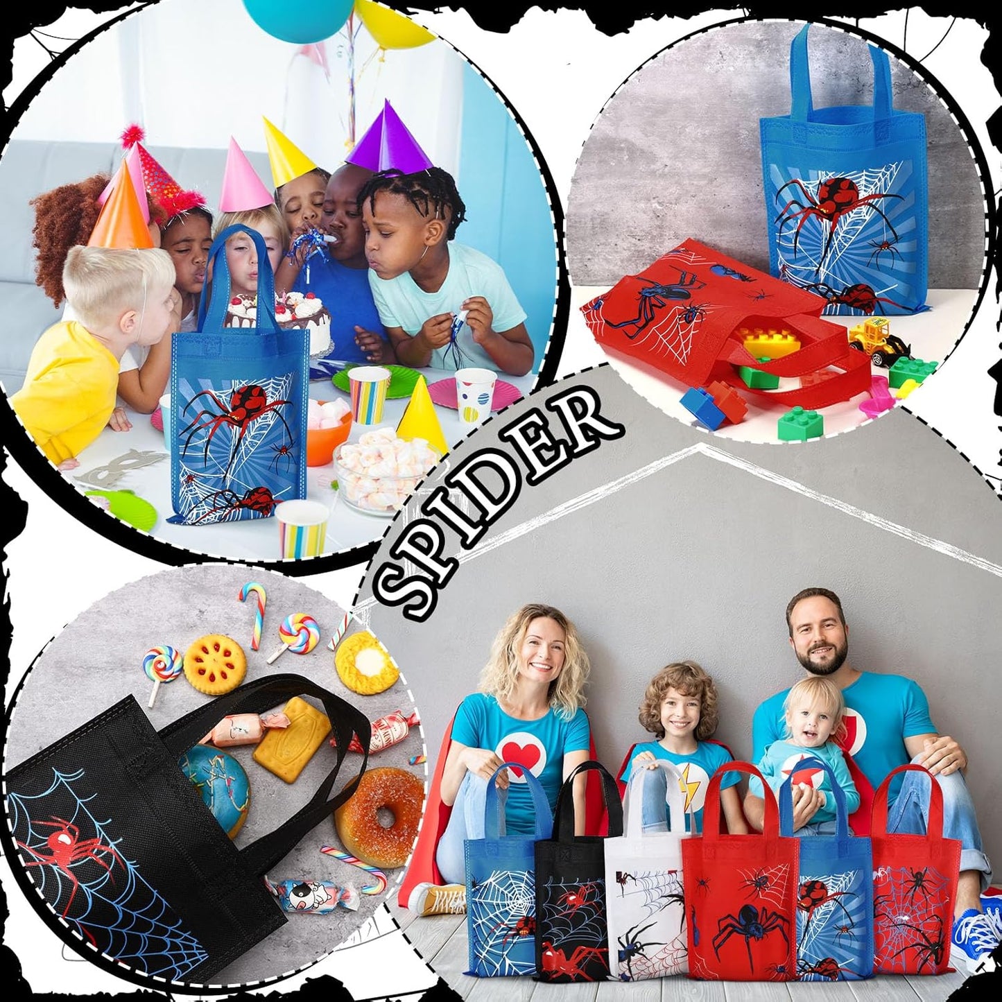36 Pack Spider Party Favor Gift Bags Non Woven Reusable Goody Treat Bags with Handles Spider Web Themed Birthday Party Supplies, 6 Styles