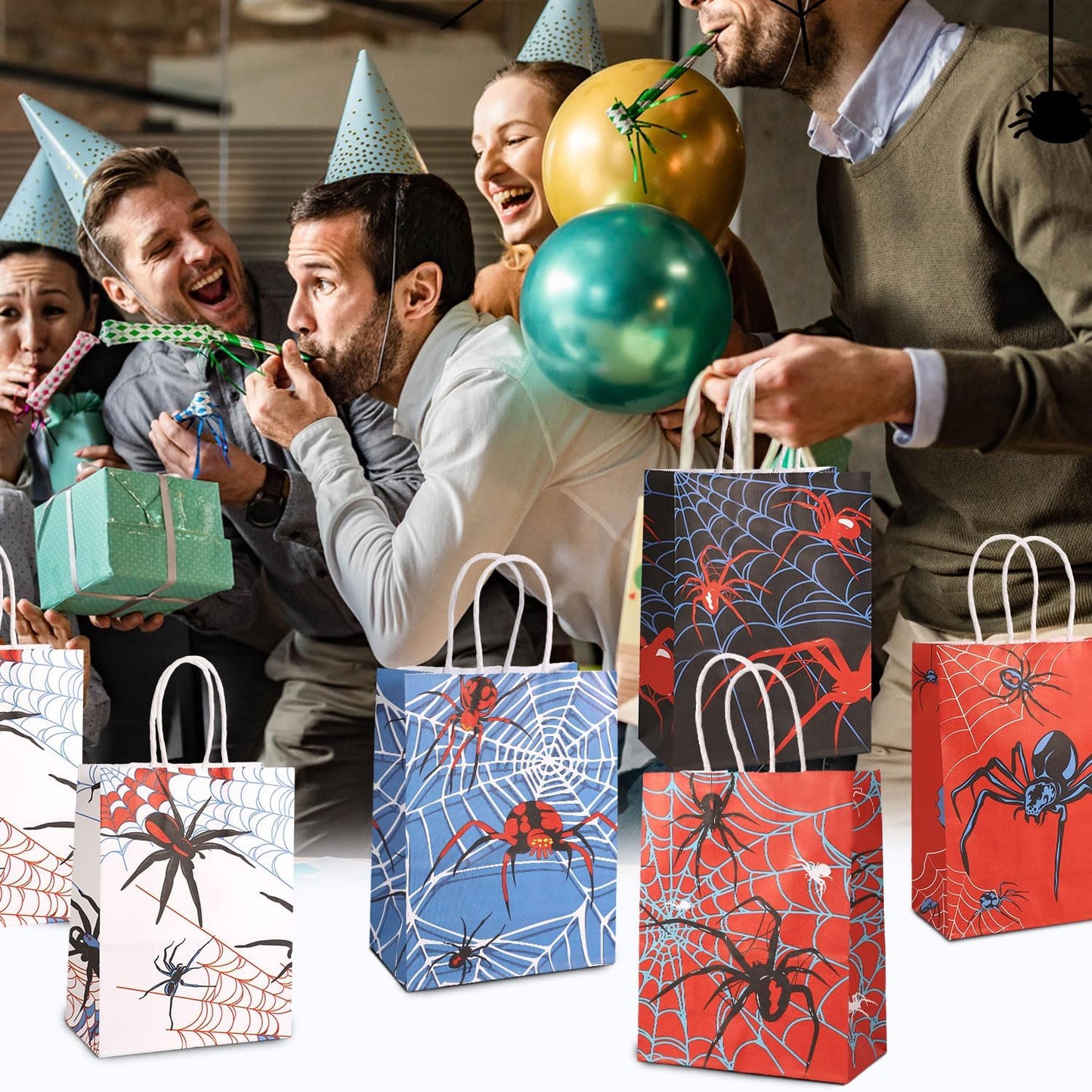 24Pcs Spider Party Favors Bags, 6 Styles Double Sided Spider Web Goodie Treat Candy Gifts Bags with Handle Red Blue White Black Design Perfect Birthday Decorations Supplies and Party Favors