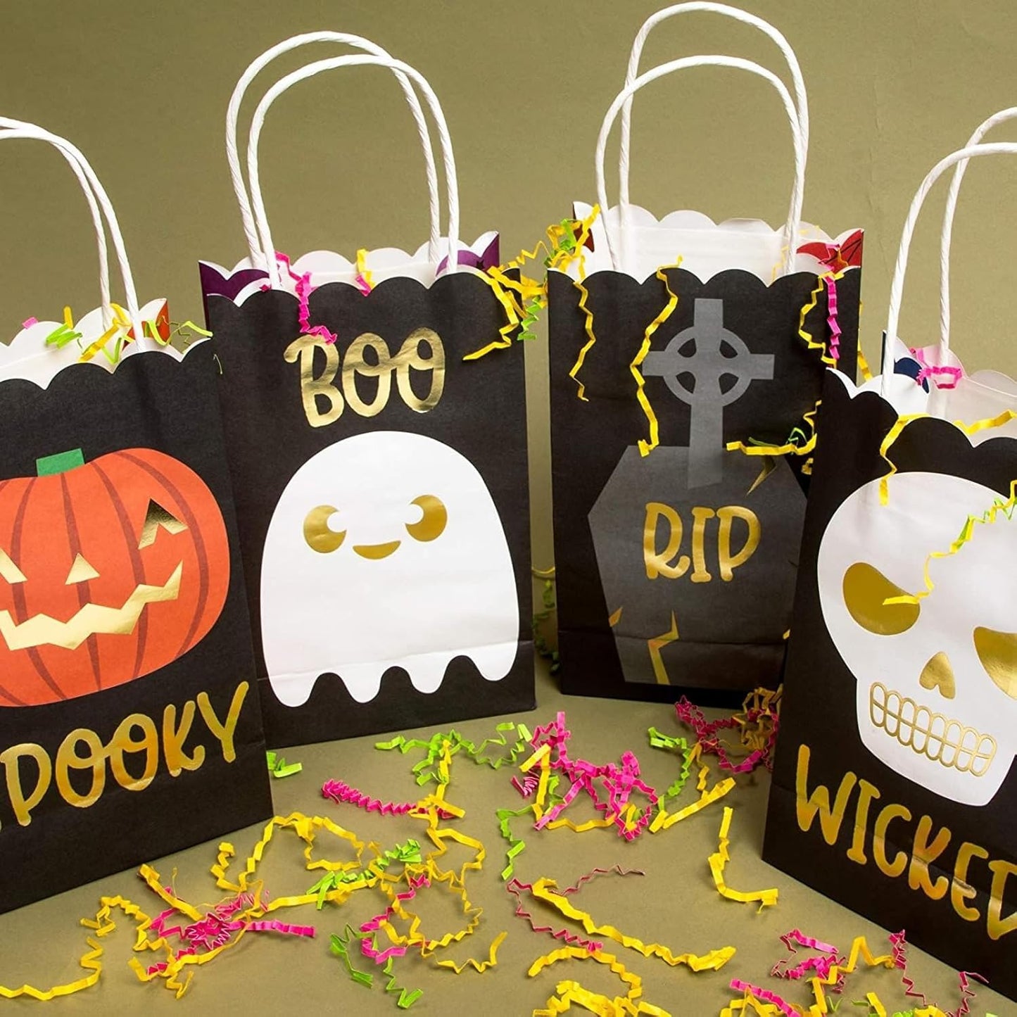 24 Pack Halloween Paper Goodie Bags with Handles for Kids Trick or Treat Candy Gift, Party Favor Supplies, 4 Designs - Gift Bag - Party Supply