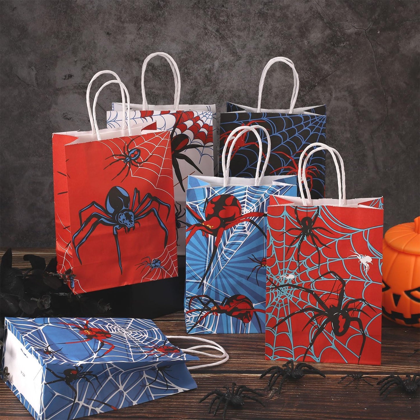 24Pcs Spider Party Favors Bags, 6 Styles Double Sided Spider Web Goodie Treat Candy Gifts Bags with Handle Red Blue White Black Design Perfect Birthday Decorations Supplies and Party Favors