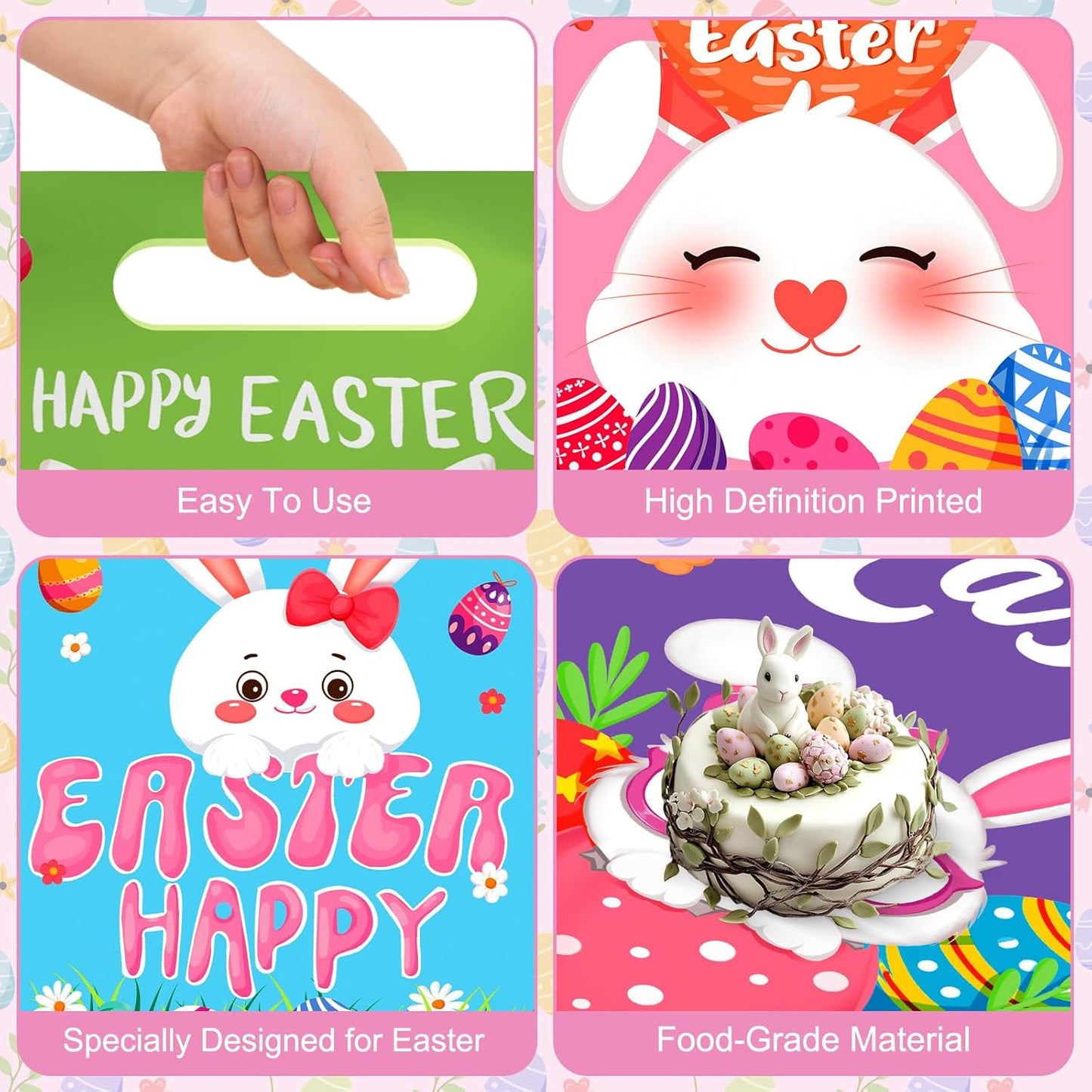 50 Pcs Easter Gift Bags with Handles, Plastic Happy Bunny Goodie Bags Bulk, Cute Spring Treat Tote Goody Cookie Party Favor Bag for Easter Activity Party Favors Supplies Gifts, 4 Styles
