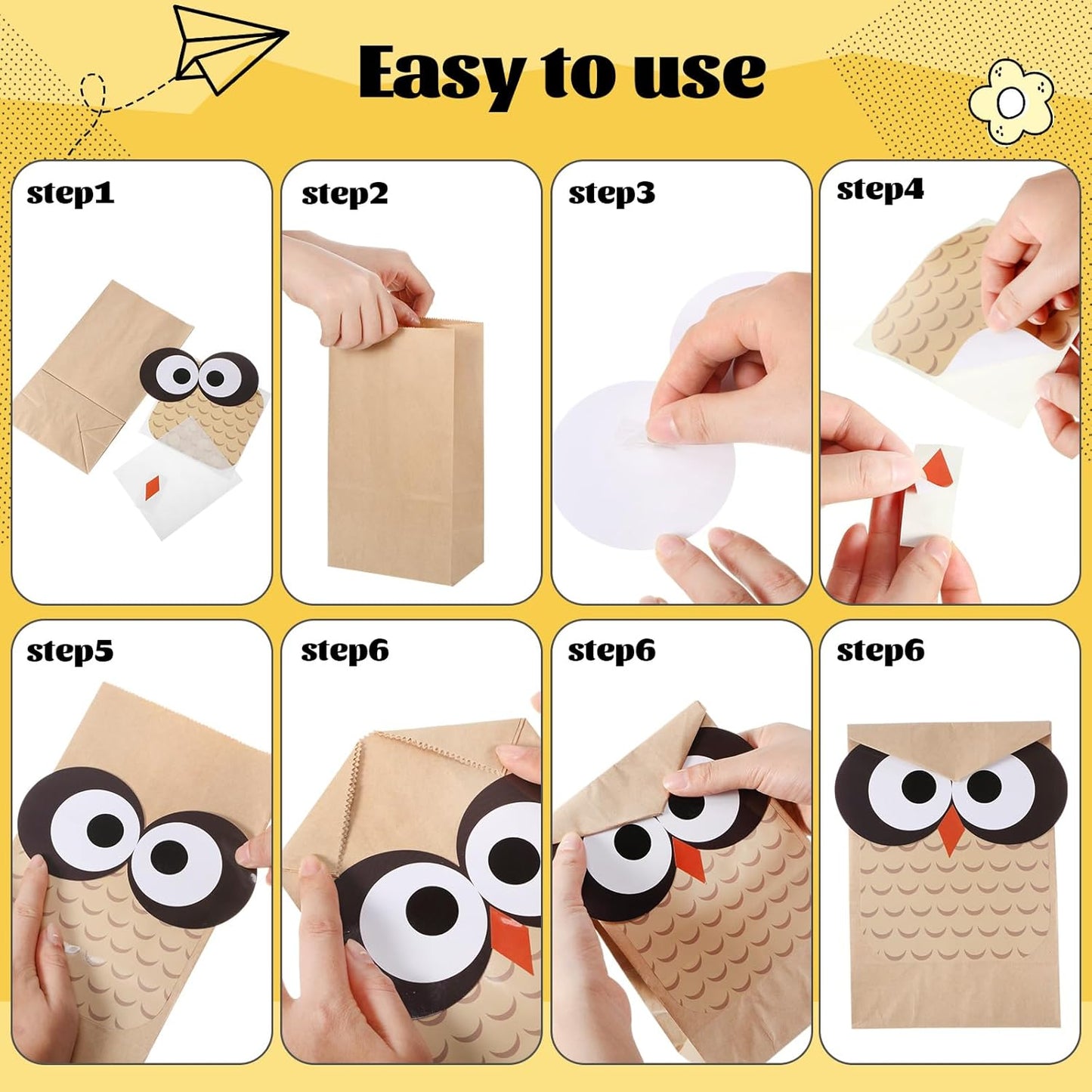 24 Sets Back to School Owl Party Gift Bags Kraft Paper Treat Goodie Bags with DIY Owl Cutouts Sticker Toppers for Classroom Birthday Party Decoration Supplies(Brown)