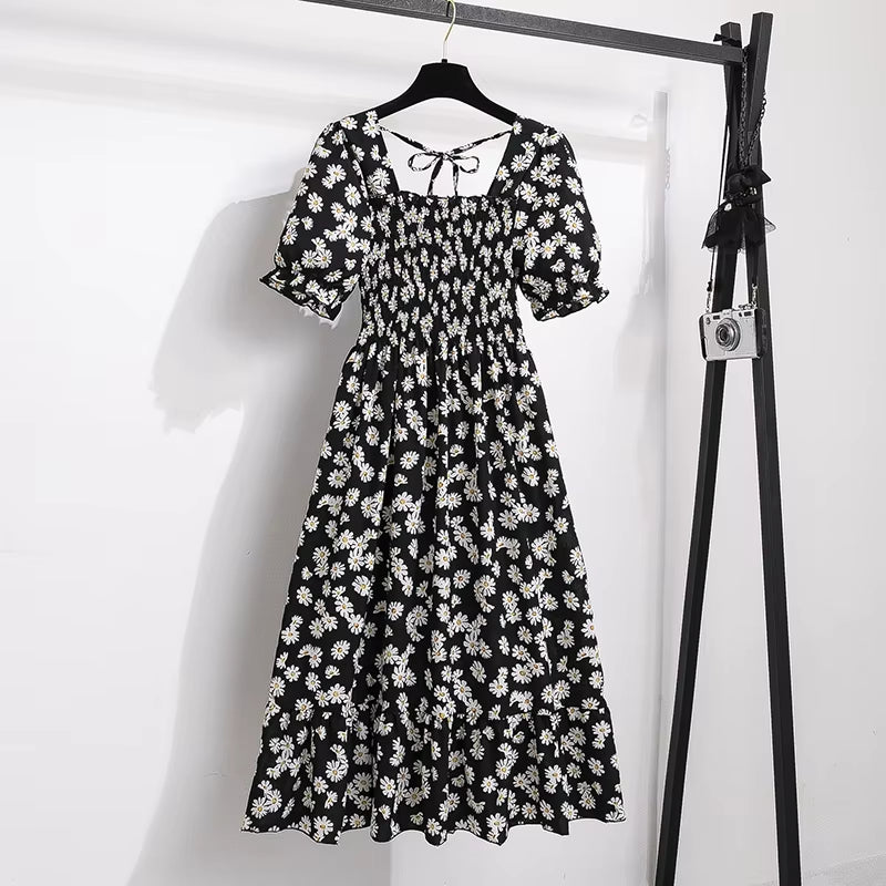 Spring Summer Chiffon Dresses Fashion Female Elastic Waist Short Sleeve Pleated Casual Dress Women A-Line Dresses Vestidos