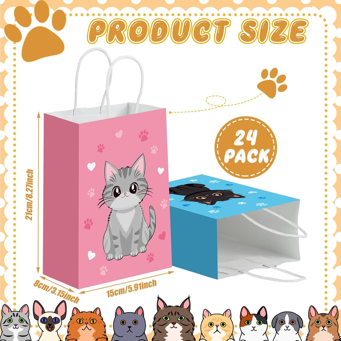 24 Pcs Cat Goodie Bags Cat Party Favors Cute Kitty Gifts Candy Treat Paper Bags with Handles for Kids Birthday Kitten Party Decoration Supplies for Pet Adoption
