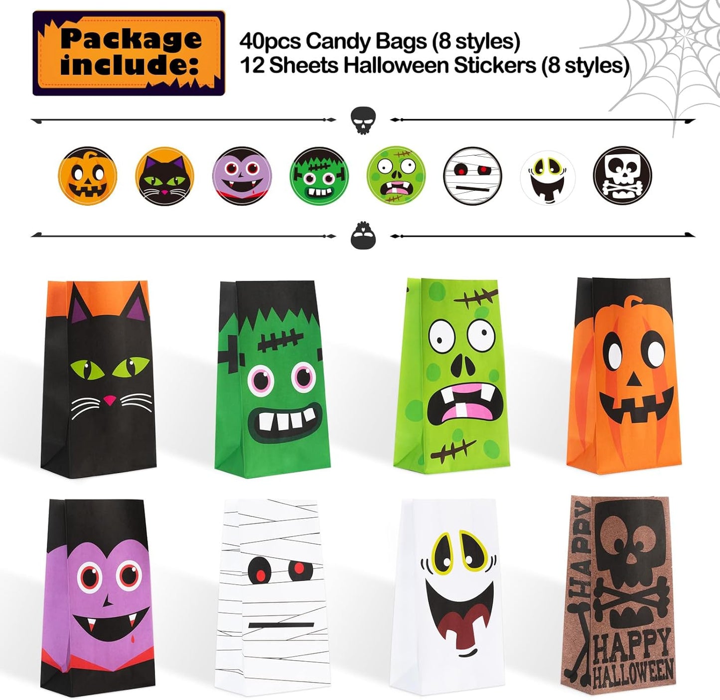 40 PCS Cute Halloween Goodie Bags, 8 Style Halloween Treats Bags Party Favor, Trick or Treat, Gifts, Candies, Snacks, Party Supplies, 40 Stickers Included