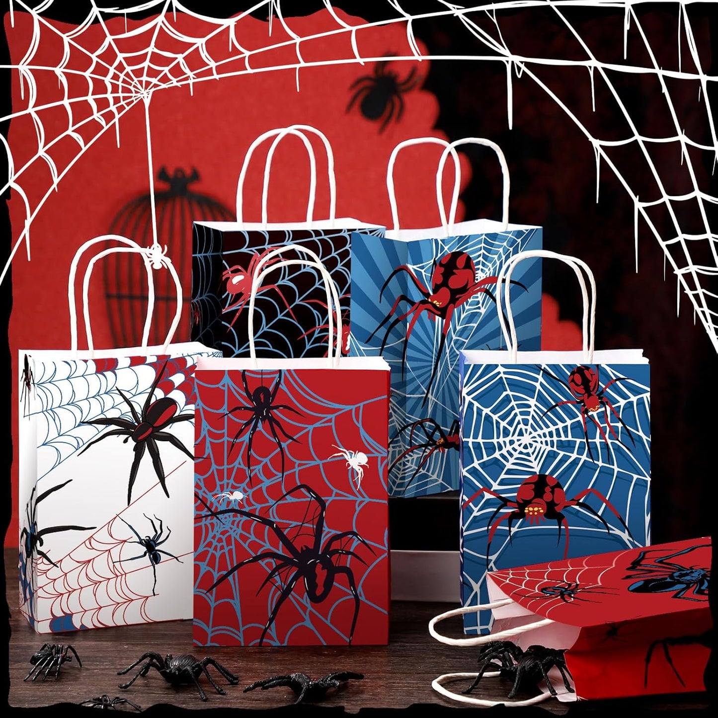 24 Pcs Spider Party Favors Bags with Handles Spider Birthday Party Decorations Double Sided Goodie Candy Bags (Class Spider)