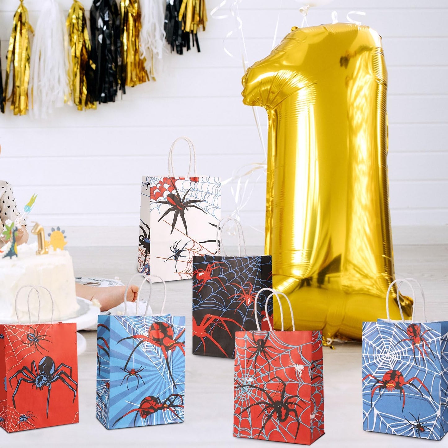 24Pcs Spider Party Favors Bags, 6 Styles Double Sided Spider Web Goodie Treat Candy Gifts Bags with Handle Red Blue White Black Design Perfect Birthday Decorations Supplies and Party Favors