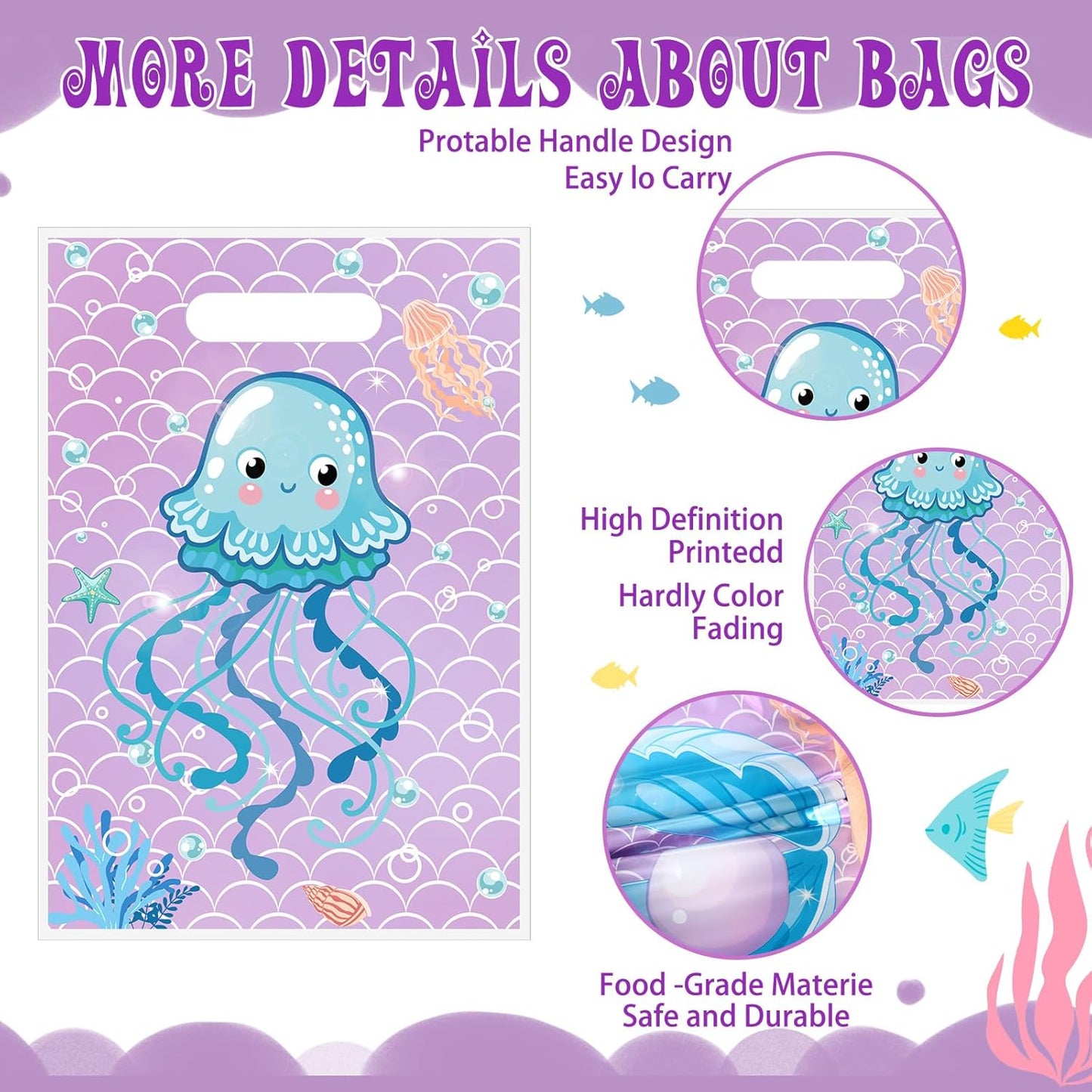 120 Pcs Mermaid Birthday Goodie Bags Mermaid Party Favor under the Sea Plastic Gift Bags Bulk Ocean Shell Starfish Marine Animals Treat Candy Sack for Summer Party Supplies