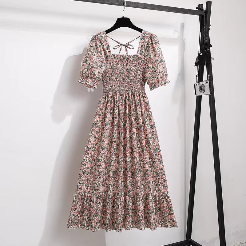 Spring Summer Chiffon Dresses Fashion Female Elastic Waist Short Sleeve Pleated Casual Dress Women A-Line Dresses Vestidos
