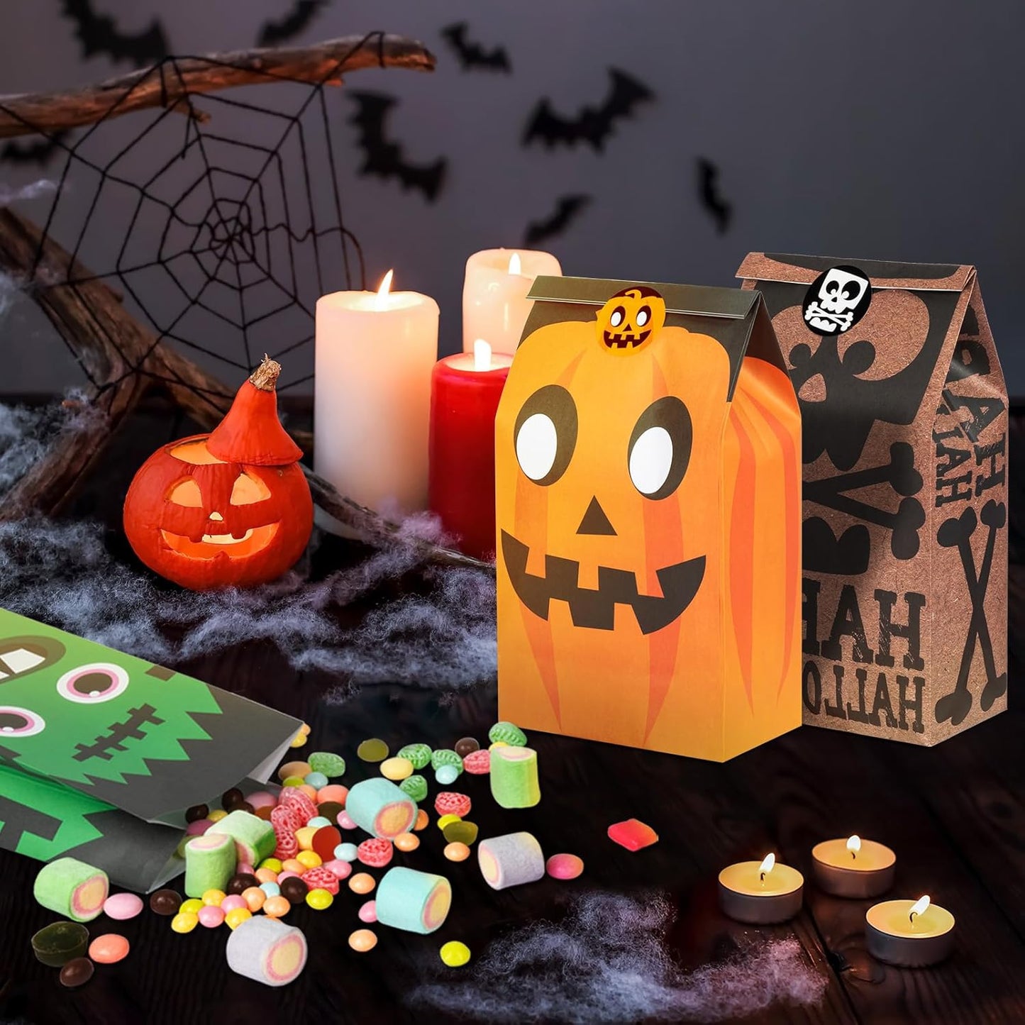 40 PCS Cute Halloween Goodie Bags, 8 Style Halloween Treats Bags Party Favor, Trick or Treat, Gifts, Candies, Snacks, Party Supplies, 40 Stickers Included
