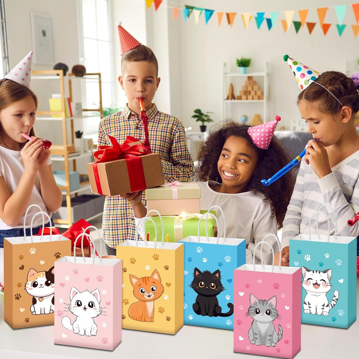24 Pcs Cat Goodie Bags Cat Party Favors Cute Kitty Gifts Candy Treat Paper Bags with Handles for Kids Birthday Kitten Party Decoration Supplies for Pet Adoption