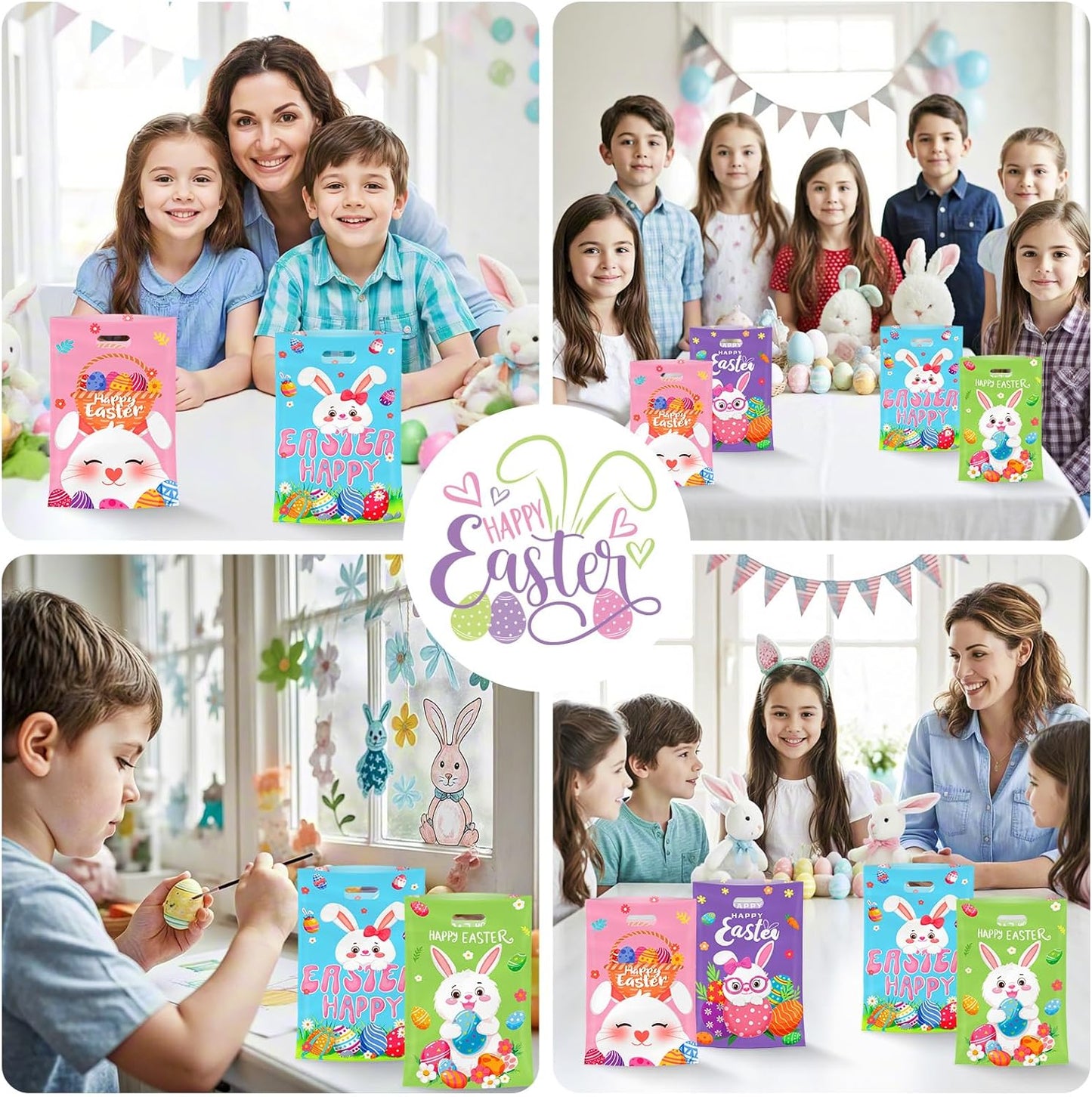 50 Pcs Easter Gift Bags with Handles, Plastic Happy Bunny Goodie Bags Bulk, Cute Spring Treat Tote Goody Cookie Party Favor Bag for Easter Activity Party Favors Supplies Gifts, 4 Styles