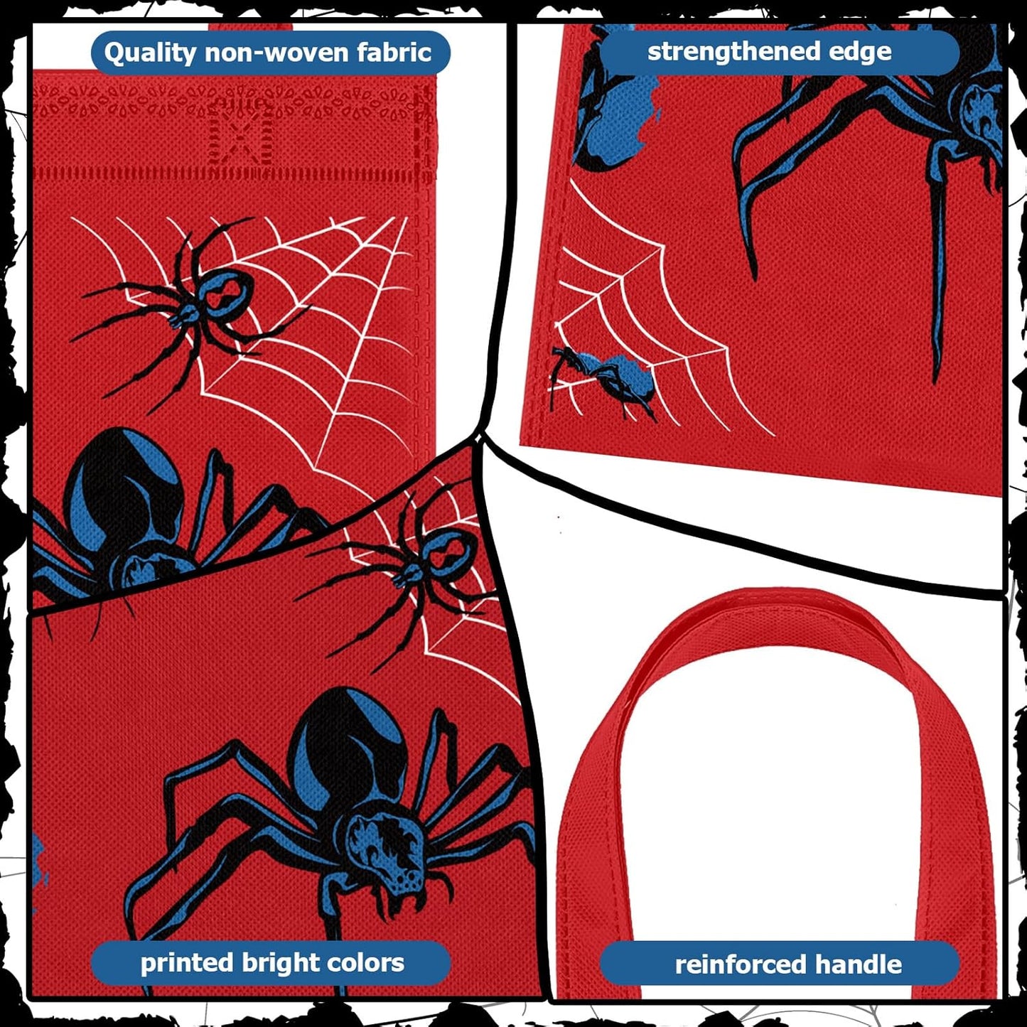 36 Pack Spider Party Favor Gift Bags Non Woven Reusable Goody Treat Bags with Handles Spider Web Themed Birthday Party Supplies, 6 Styles