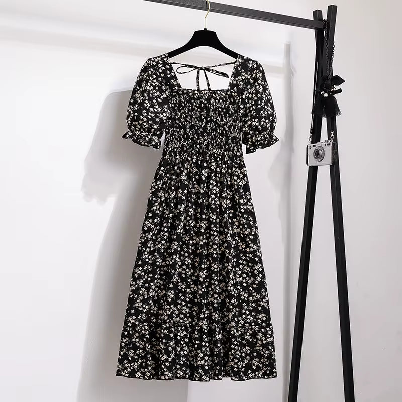 Spring Summer Chiffon Dresses Fashion Female Elastic Waist Short Sleeve Pleated Casual Dress Women A-Line Dresses Vestidos