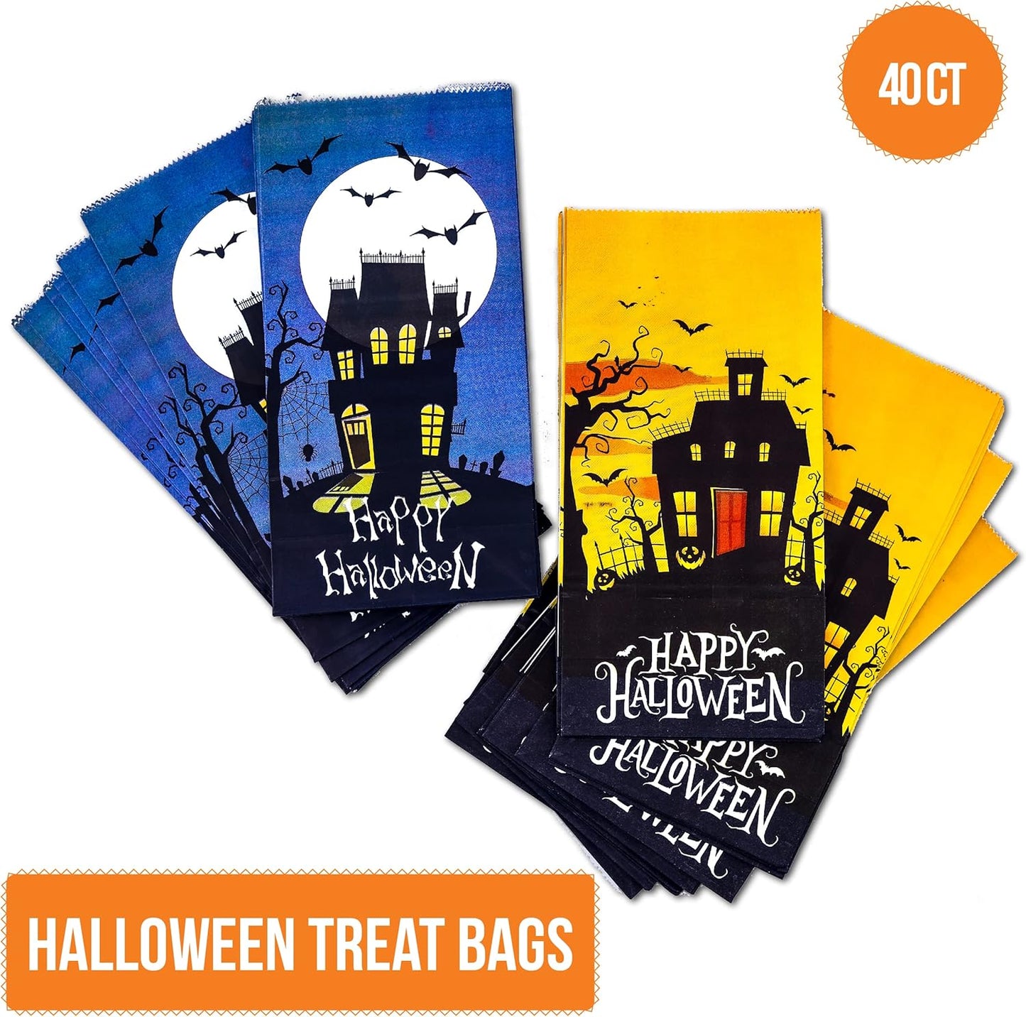Halloween Treat Paper Bags, 40-Pack 2 Designs Trick or Treat Party Favor Goodie Snack Sacks Candy, Popcorn, Gifts, Cookies