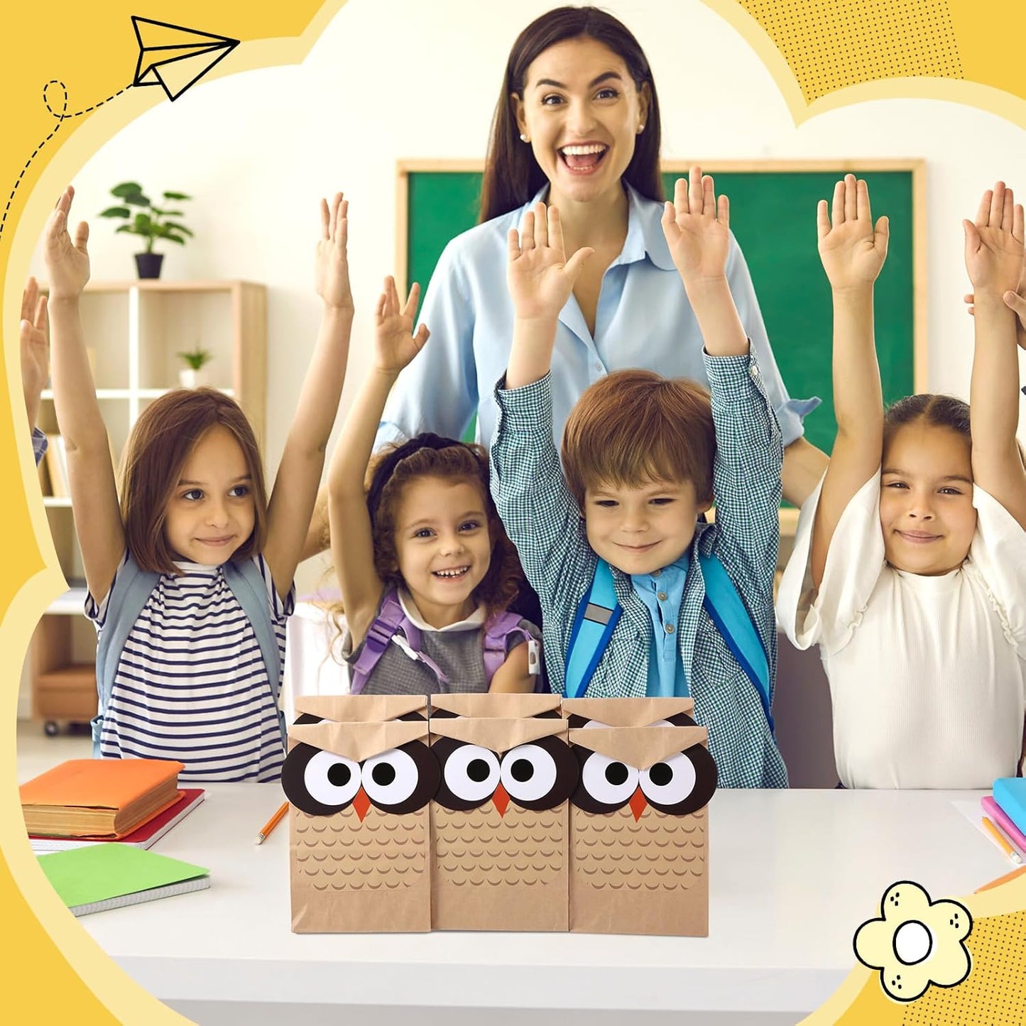 24 Sets Back to School Owl Party Gift Bags Kraft Paper Treat Goodie Bags with DIY Owl Cutouts Sticker Toppers for Classroom Birthday Party Decoration Supplies(Brown)