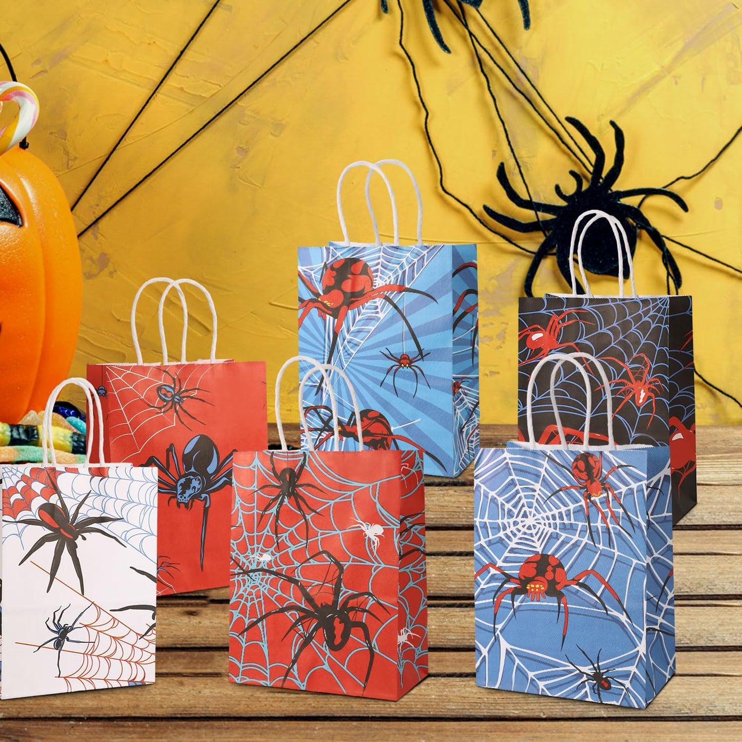 24Pcs Spider Party Favors Bags, 6 Styles Double Sided Spider Web Goodie Treat Candy Gifts Bags with Handle Red Blue White Black Design Perfect Birthday Decorations Supplies and Party Favors