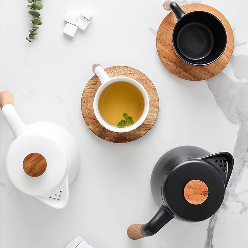 Japanese Style Tea Set Wooden Handle Ceramic Tea Pot Thickened High Borosilicate Glass Transparent Heat Resistant Tea Pot