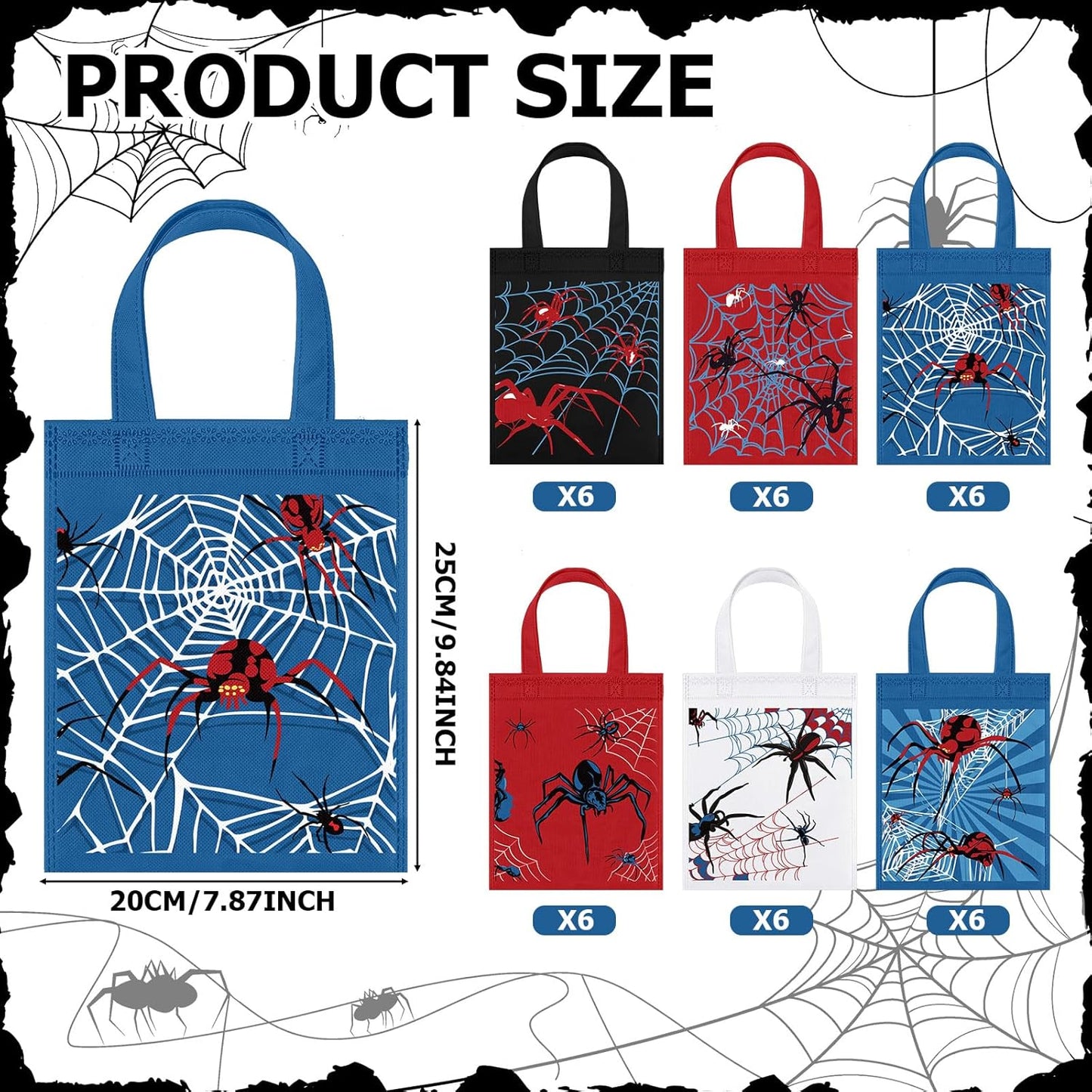 36 Pack Spider Party Favor Gift Bags Non Woven Reusable Goody Treat Bags with Handles Spider Web Themed Birthday Party Supplies, 6 Styles