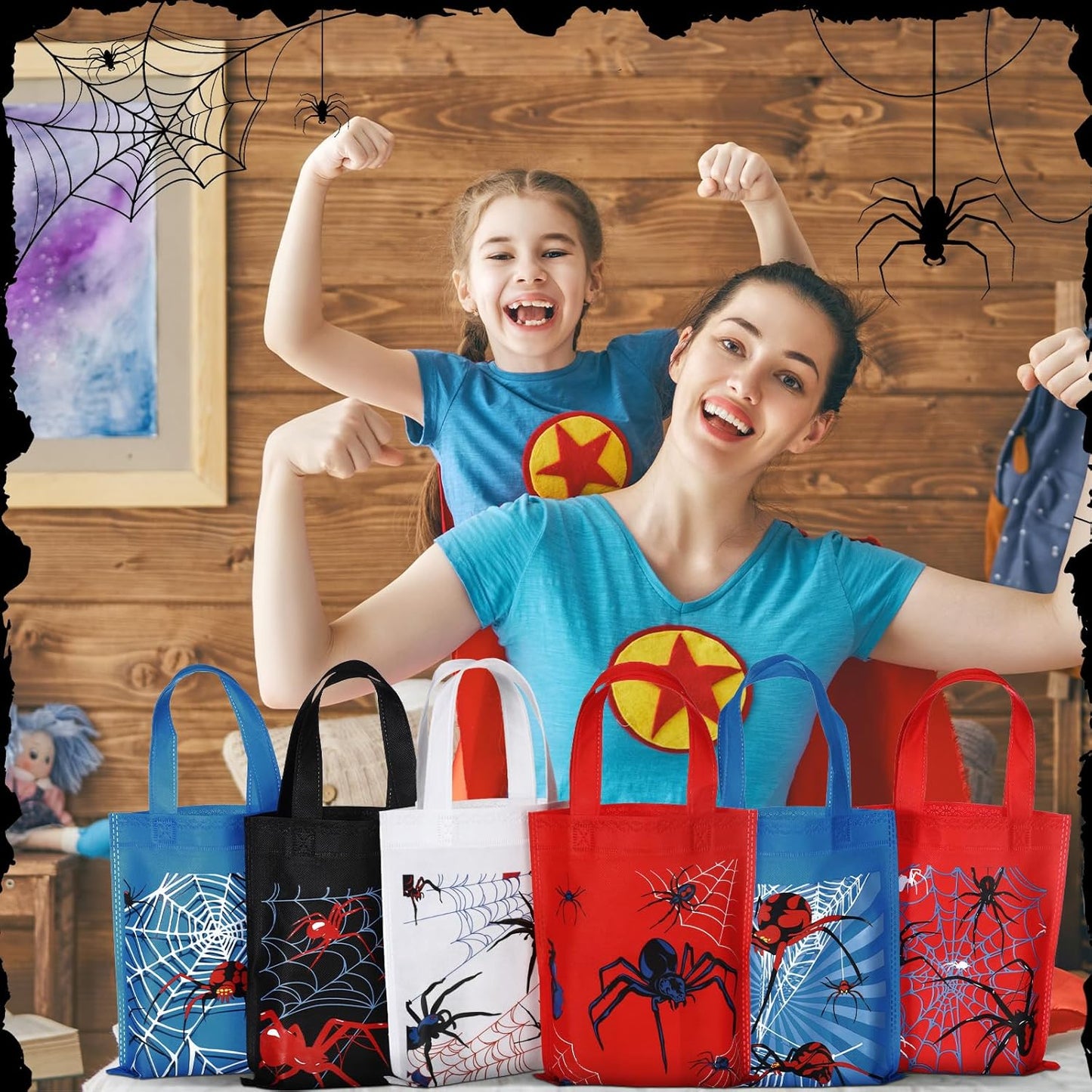 36 Pack Spider Party Favor Gift Bags Non Woven Reusable Goody Treat Bags with Handles Spider Web Themed Birthday Party Supplies, 6 Styles