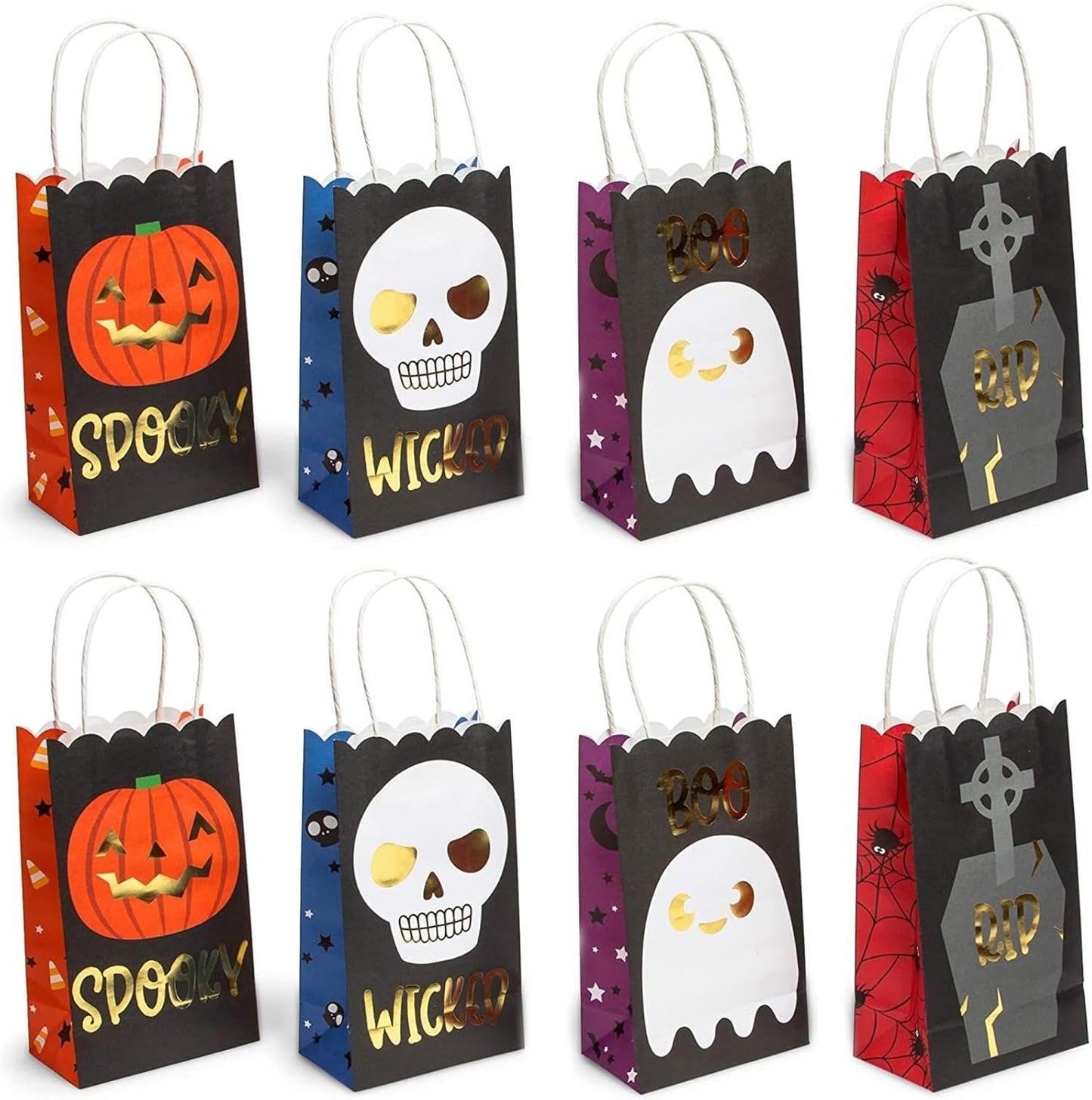 24 Pack Halloween Paper Goodie Bags with Handles for Kids Trick or Treat Candy Gift, Party Favor Supplies, 4 Designs - Gift Bag - Party Supply