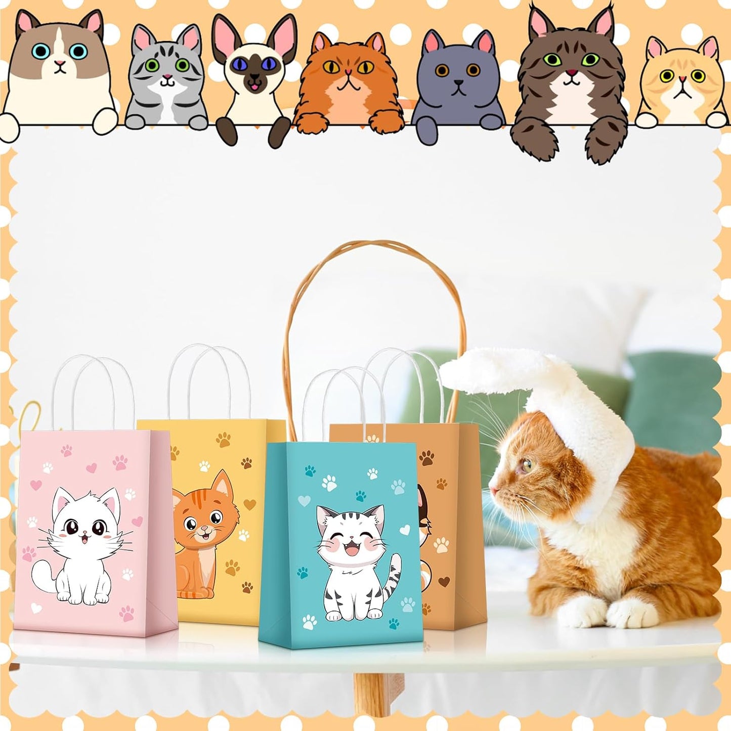 24 Pcs Cat Goodie Bags Cat Party Favors Cute Kitty Gifts Candy Treat Paper Bags with Handles for Kids Birthday Kitten Party Decoration Supplies for Pet Adoption