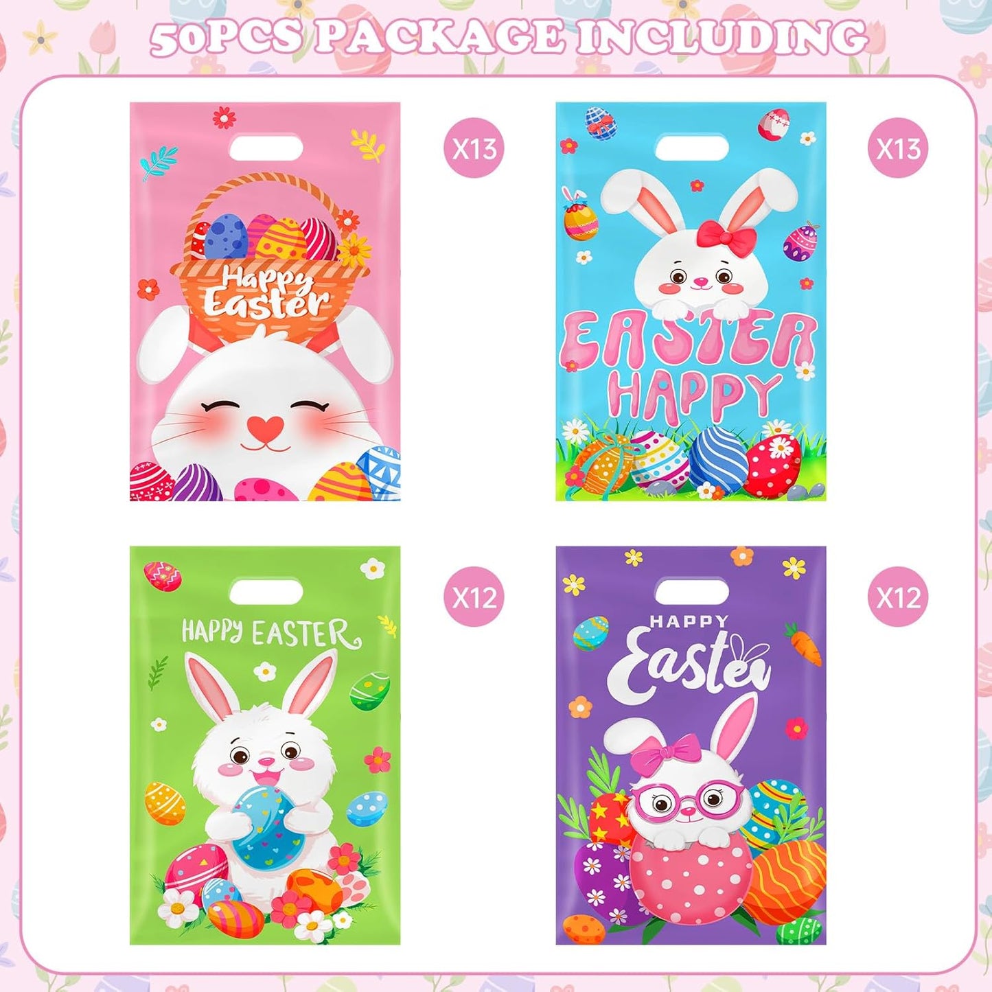 50 Pcs Easter Gift Bags with Handles, Plastic Happy Bunny Goodie Bags Bulk, Cute Spring Treat Tote Goody Cookie Party Favor Bag for Easter Activity Party Favors Supplies Gifts, 4 Styles