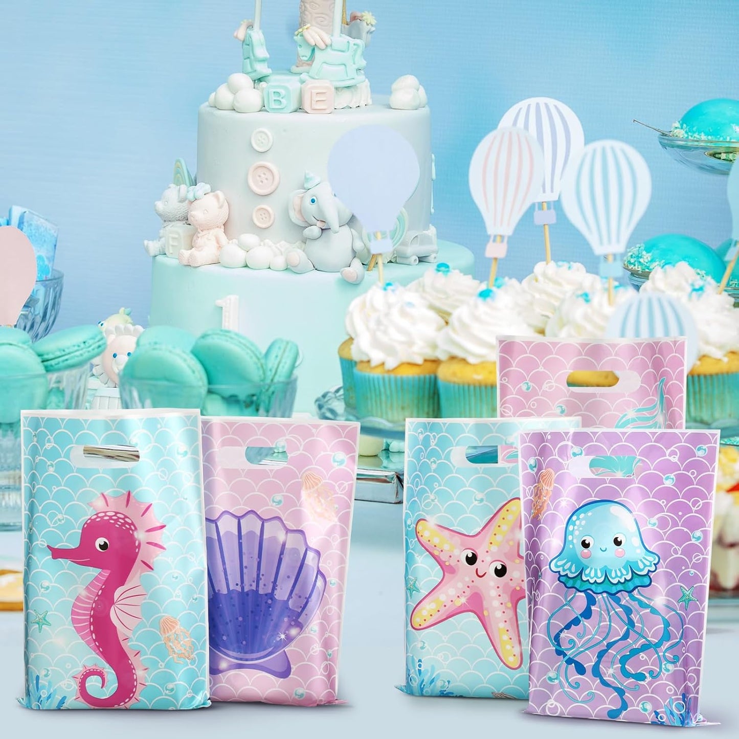 120 Pcs Mermaid Birthday Goodie Bags Mermaid Party Favor under the Sea Plastic Gift Bags Bulk Ocean Shell Starfish Marine Animals Treat Candy Sack for Summer Party Supplies