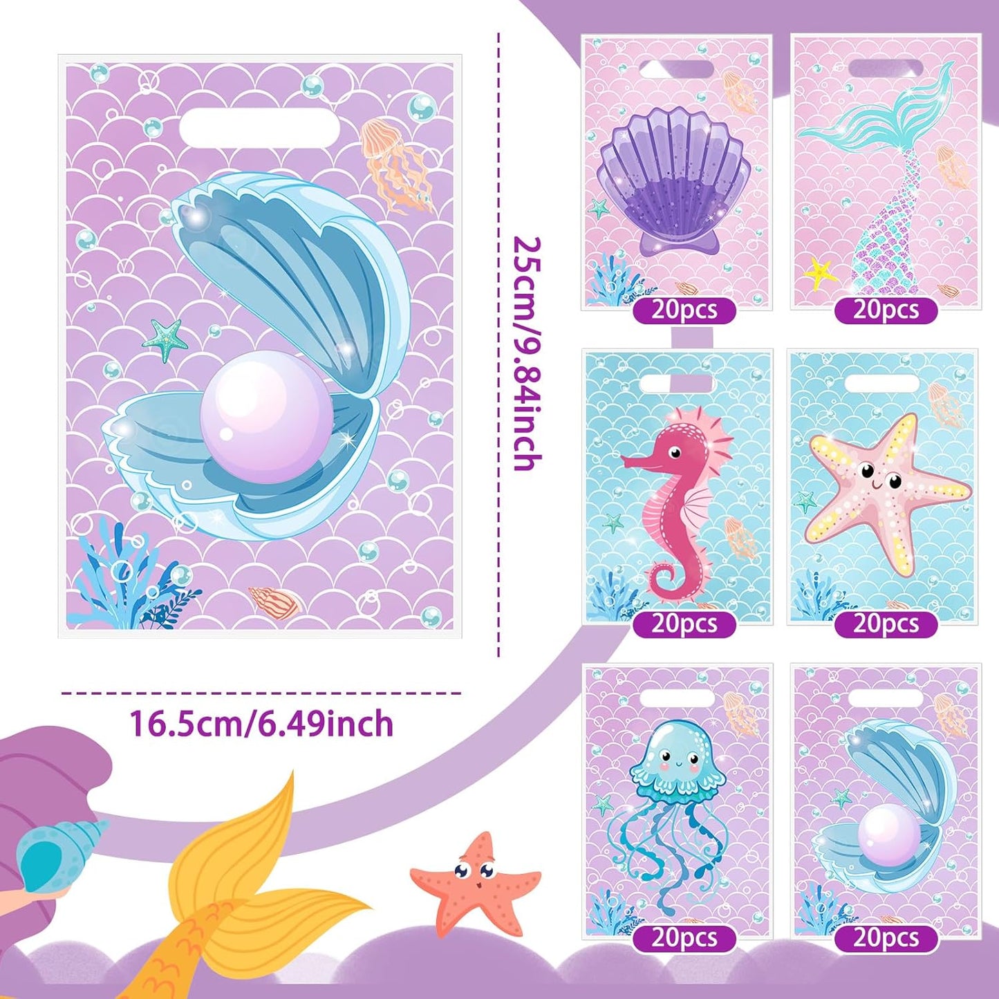 120 Pcs Mermaid Birthday Goodie Bags Mermaid Party Favor under the Sea Plastic Gift Bags Bulk Ocean Shell Starfish Marine Animals Treat Candy Sack for Summer Party Supplies