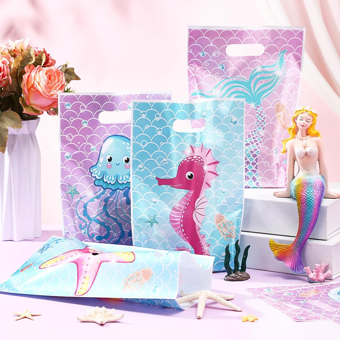 120 Pcs Mermaid Birthday Goodie Bags Mermaid Party Favor under the Sea Plastic Gift Bags Bulk Ocean Shell Starfish Marine Animals Treat Candy Sack for Summer Party Supplies