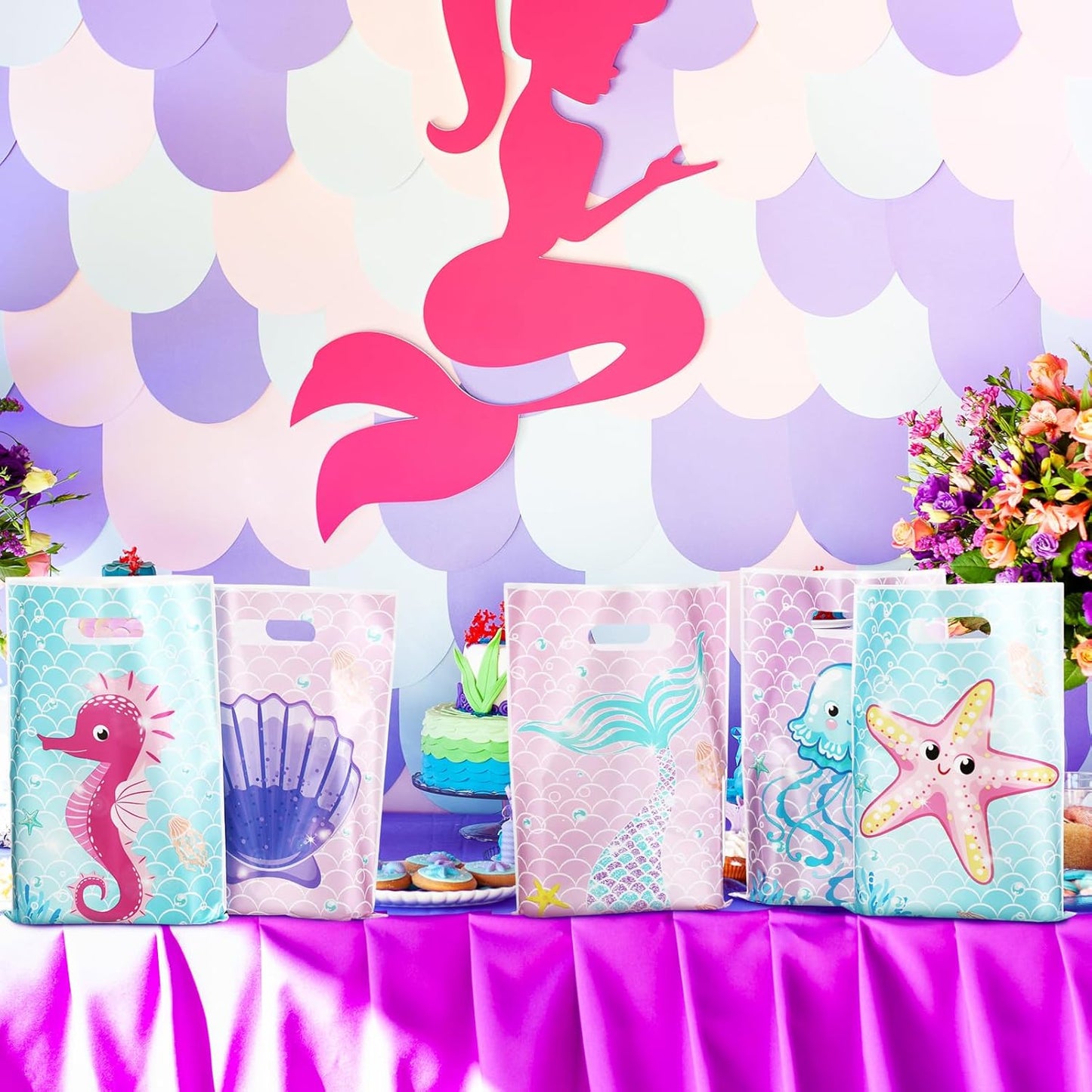 120 Pcs Mermaid Birthday Goodie Bags Mermaid Party Favor under the Sea Plastic Gift Bags Bulk Ocean Shell Starfish Marine Animals Treat Candy Sack for Summer Party Supplies