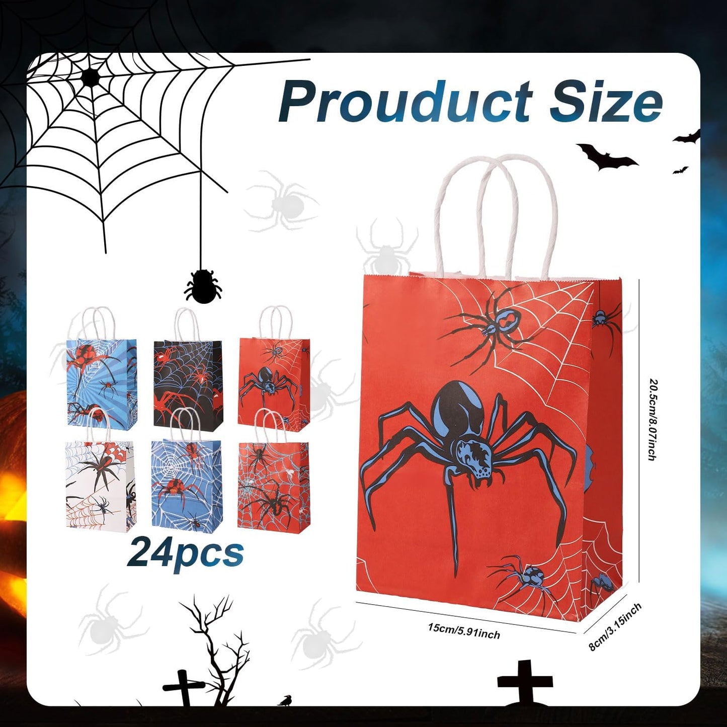 24Pcs Spider Party Favors Bags, 6 Styles Double Sided Spider Web Goodie Treat Candy Gifts Bags with Handle Red Blue White Black Design Perfect Birthday Decorations Supplies and Party Favors