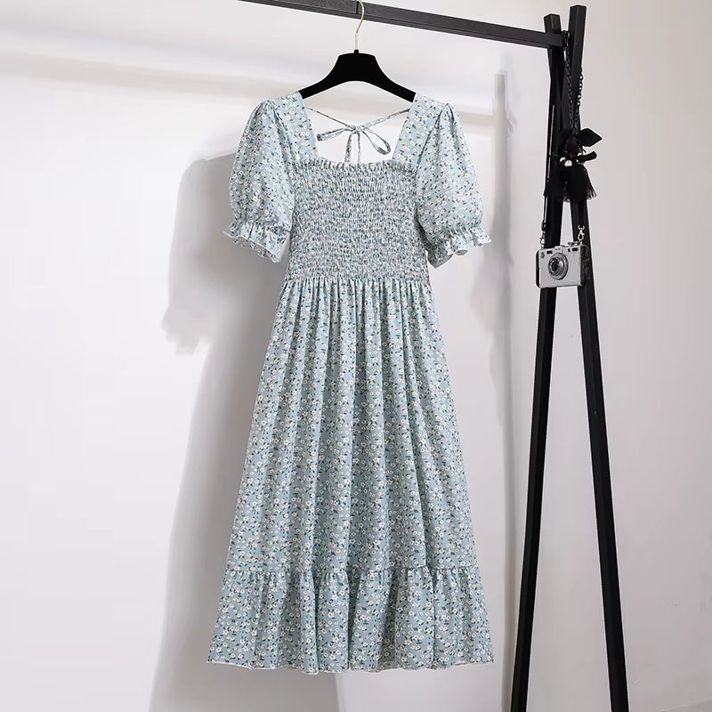 Spring Summer Chiffon Dresses Fashion Female Elastic Waist Short Sleeve Pleated Casual Dress Women A-Line Dresses Vestidos
