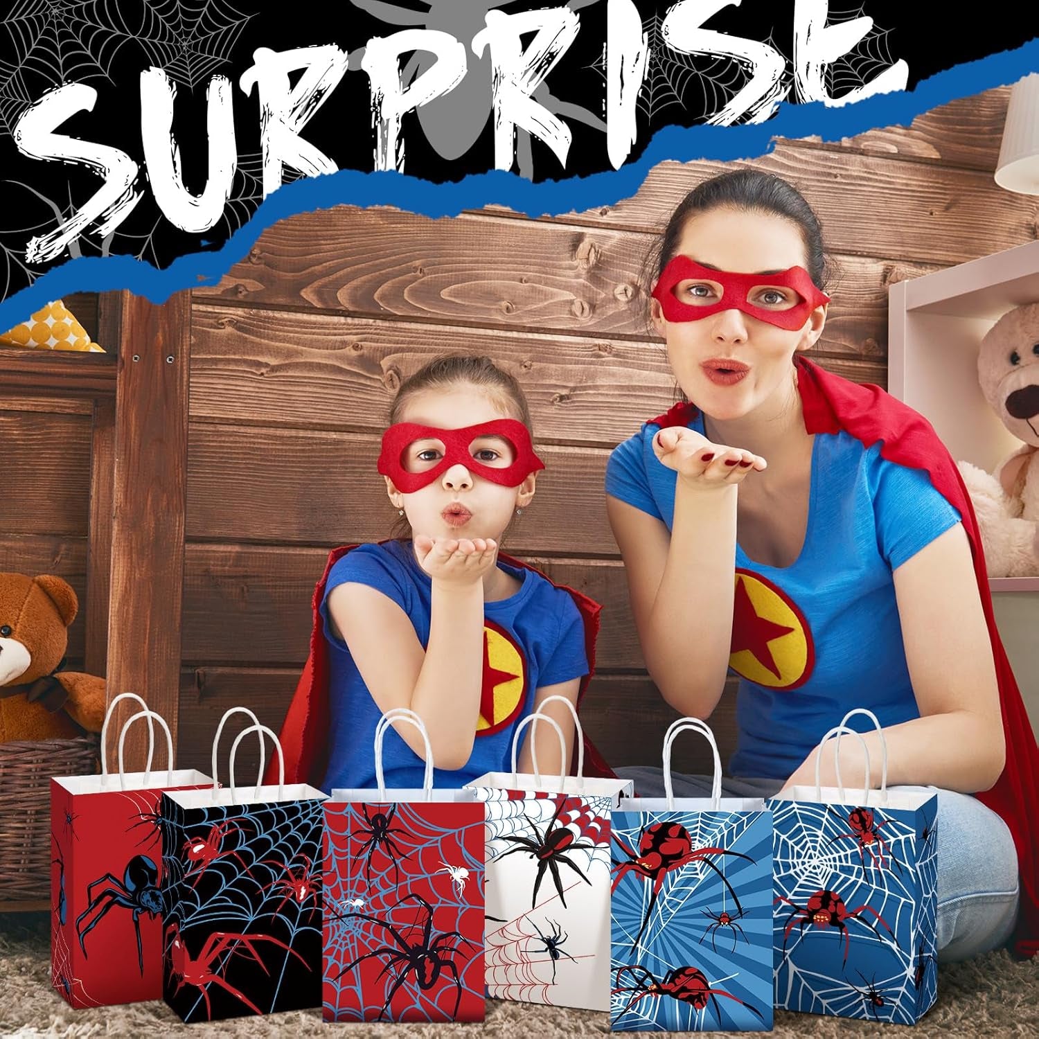 24 Pcs Spider Party Favors Bags with Handles Spider Birthday Party Decorations Double Sided Goodie Candy Bags (Class Spider)