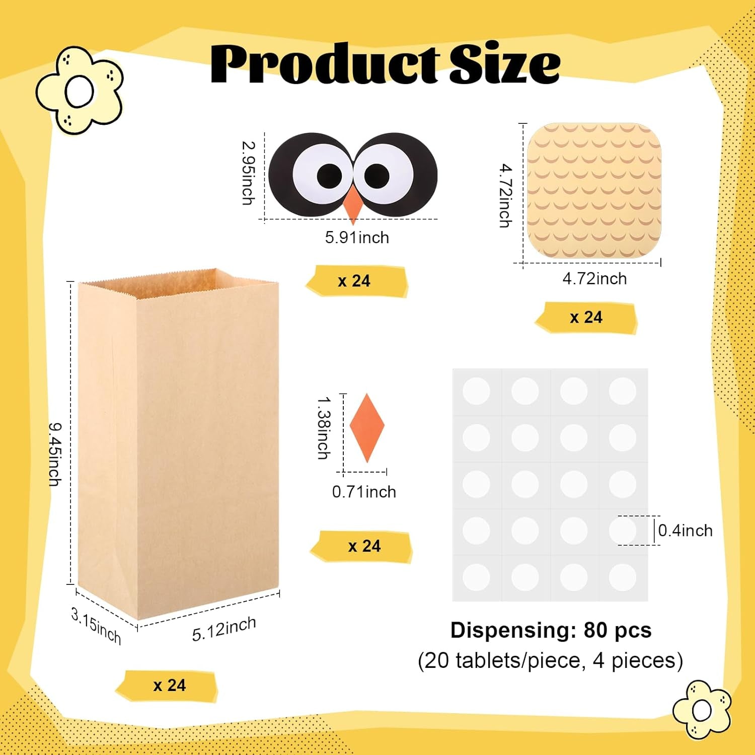 24 Sets Back to School Owl Party Gift Bags Kraft Paper Treat Goodie Bags with DIY Owl Cutouts Sticker Toppers for Classroom Birthday Party Decoration Supplies(Brown)