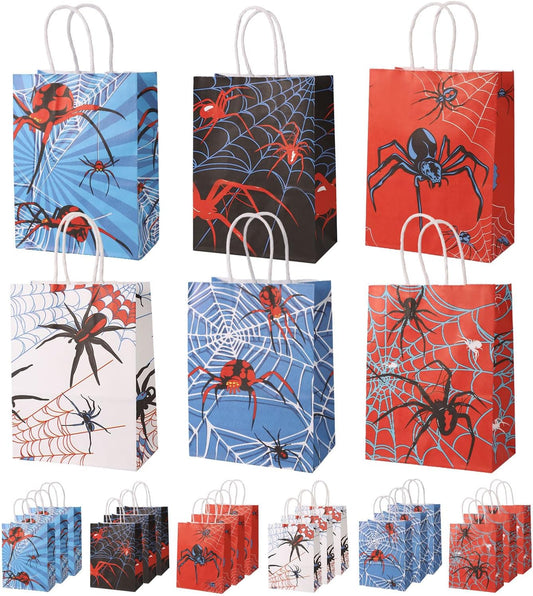 24Pcs Spider Party Favors Bags, 6 Styles Double Sided Spider Web Goodie Treat Candy Gifts Bags with Handle Red Blue White Black Design Perfect Birthday Decorations Supplies and Party Favors