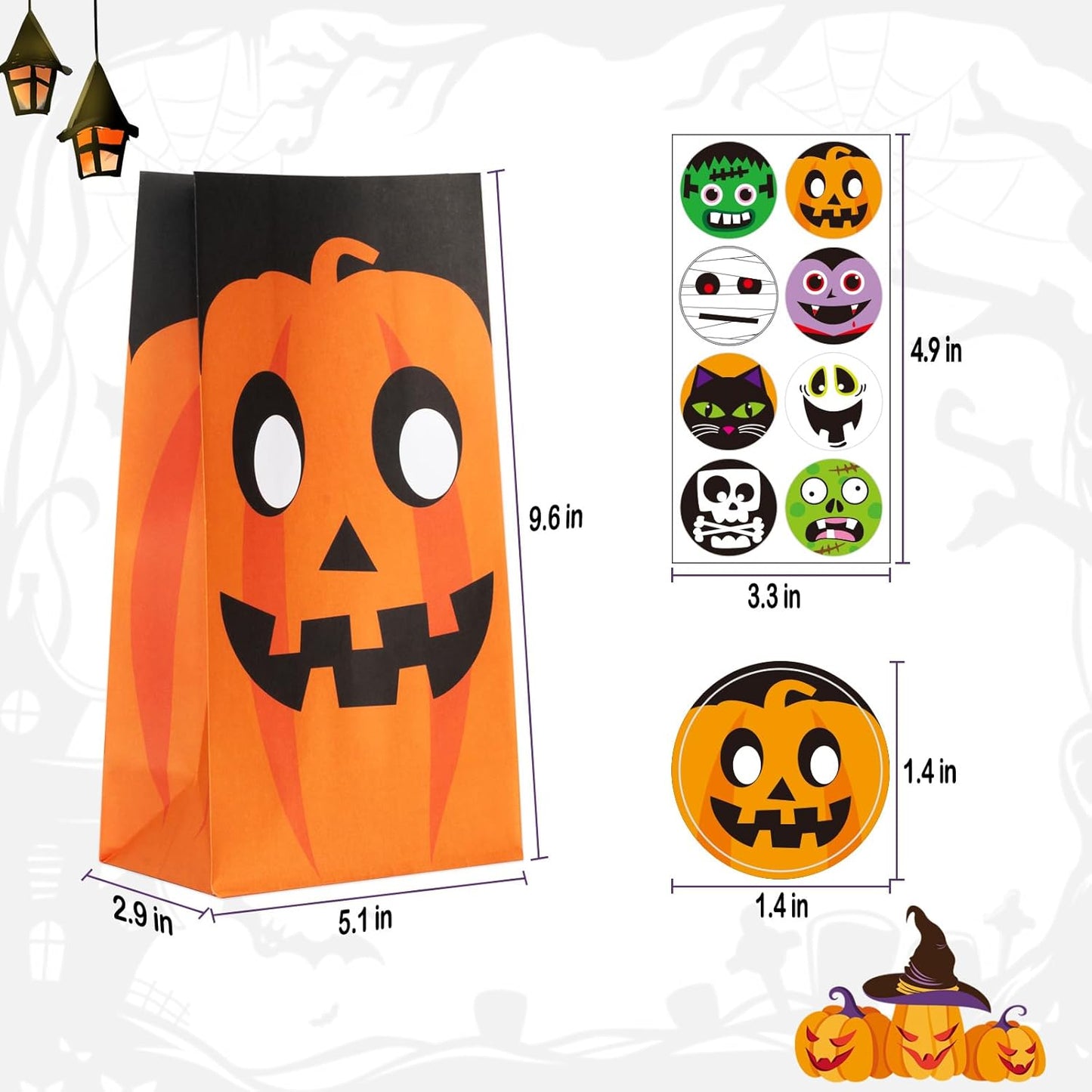 40 PCS Cute Halloween Goodie Bags, 8 Style Halloween Treats Bags Party Favor, Trick or Treat, Gifts, Candies, Snacks, Party Supplies, 40 Stickers Included