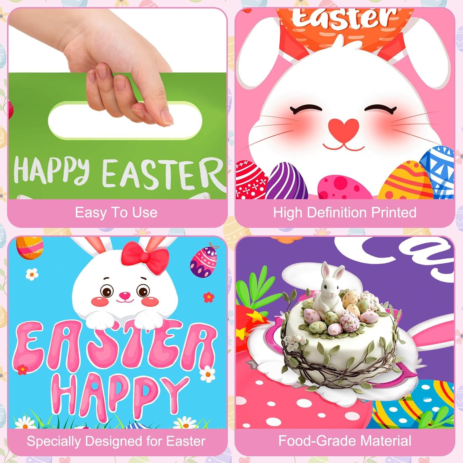 50 Pcs Easter Gift Bags with Handles, Plastic Happy Bunny Goodie Bags Bulk, Cute Spring Treat Tote Goody Cookie Party Favor Bag for Easter Activity Party Favors Supplies Gifts, 4 Styles