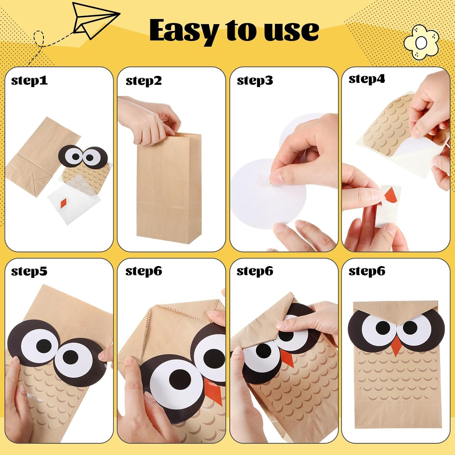 24 Sets Back to School Owl Party Gift Bags Kraft Paper Treat Goodie Bags with DIY Owl Cutouts Sticker Toppers for Classroom Birthday Party Decoration Supplies(Brown)
